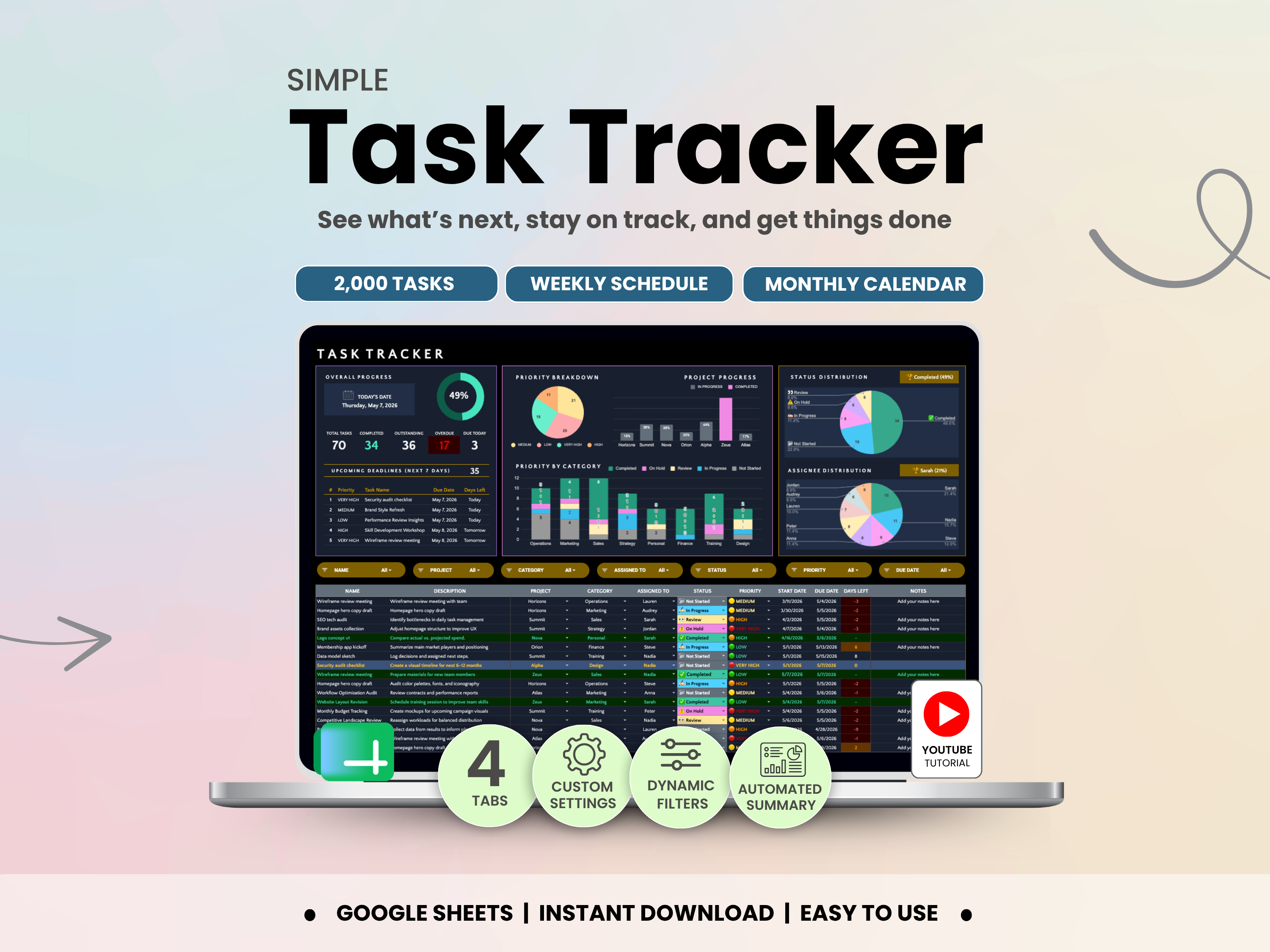 Task tracker software with a laptop displaying the software interface on a gradient background.