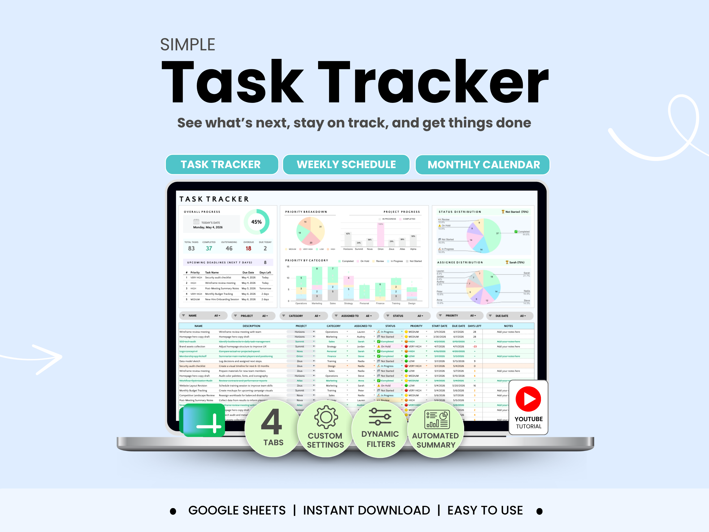 Task tracker software with a laptop displaying the interface on a light blue background