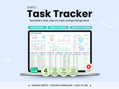 Task tracker software with a laptop displaying the interface on a light blue background