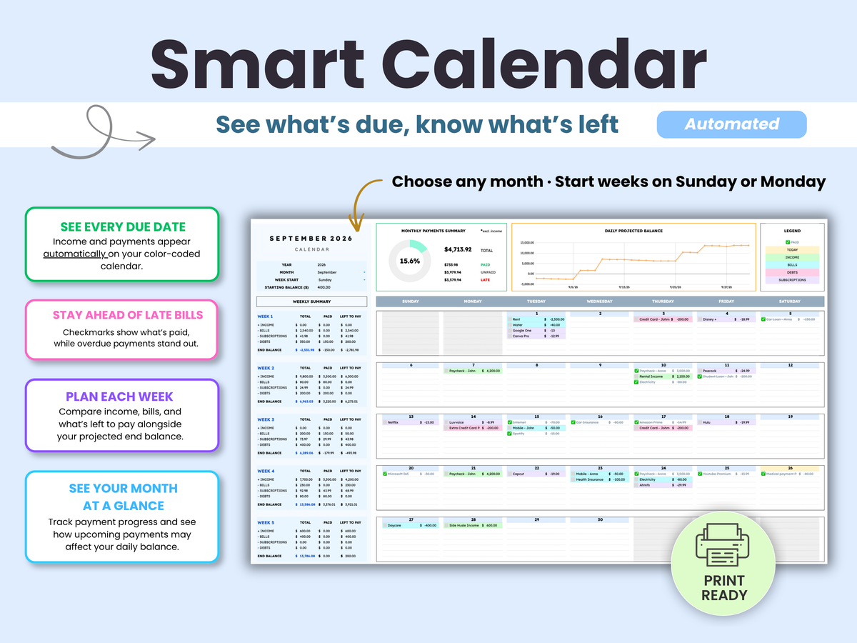 A promotional graphic for a Smart Calendar budget planner, showing a sample September 2024 budget sheet on a light blue background with feature callouts and an 'Automated' badge.