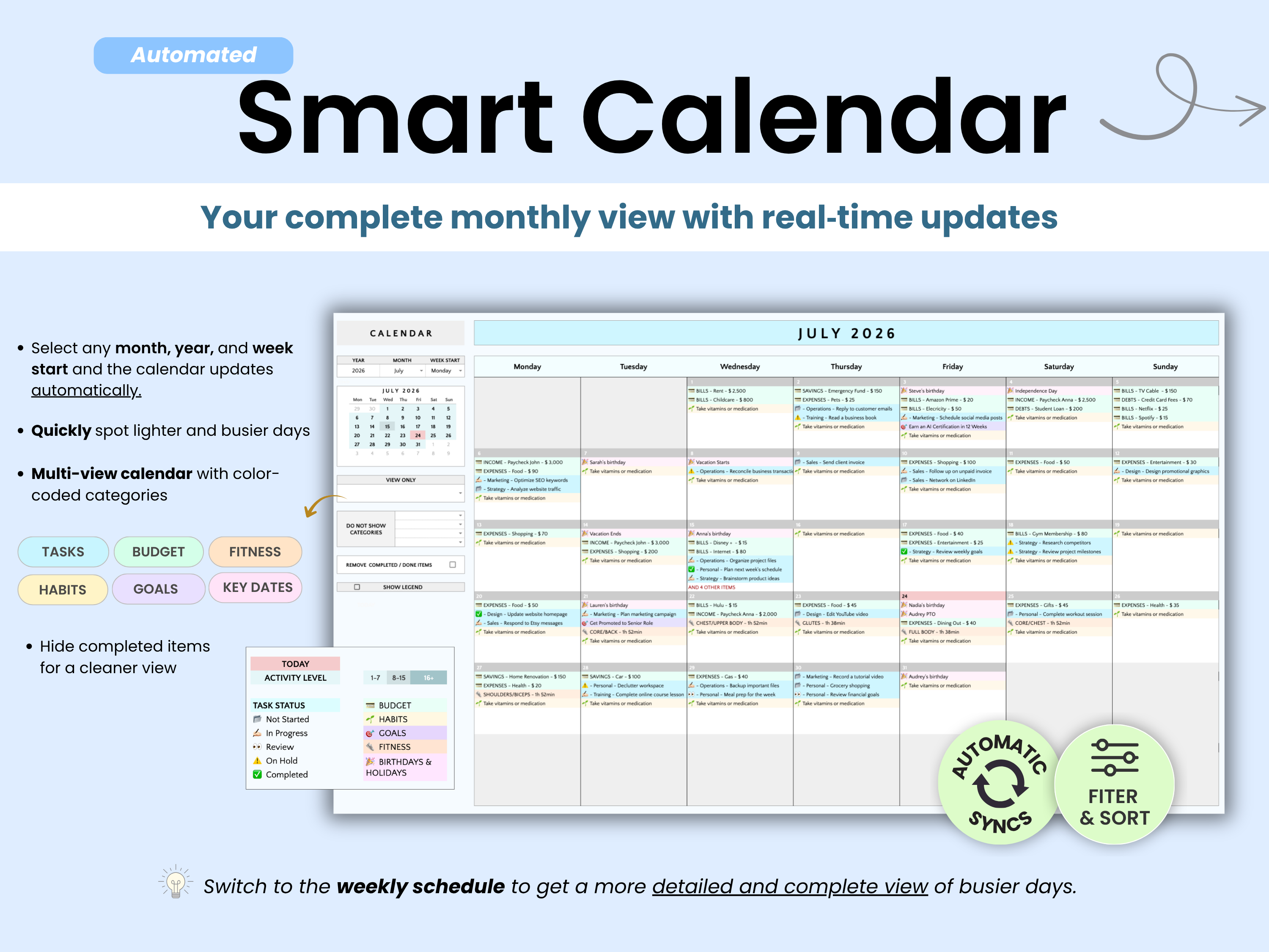 A promotional graphic for an automated Smart Calendar planner template, showing a monthly calendar layout with colored task and habit tags, plus feature callouts and two circular badges reading 'Automated' and 'Filter & Sort'.