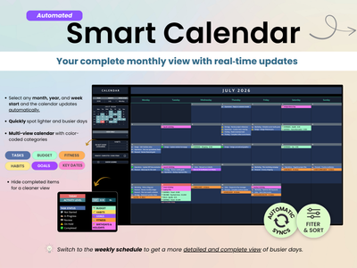 A promotional graphic for a digital 'Smart Calendar' planner template, showing a dark-themed monthly calendar layout with colored task and event blocks, alongside feature callouts and app-style screenshots on a soft beige background.