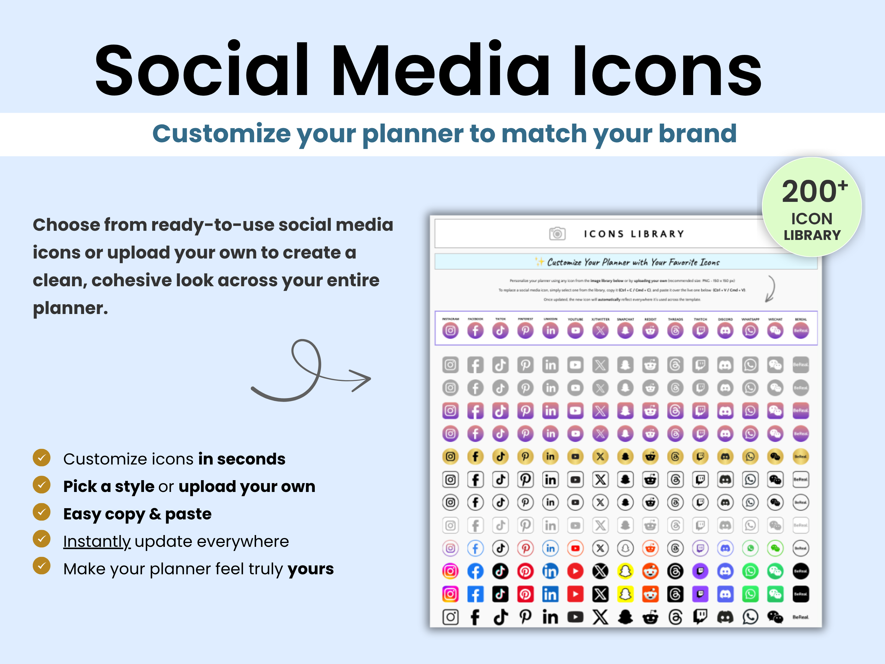 Social media icons for customization with text on a blue background