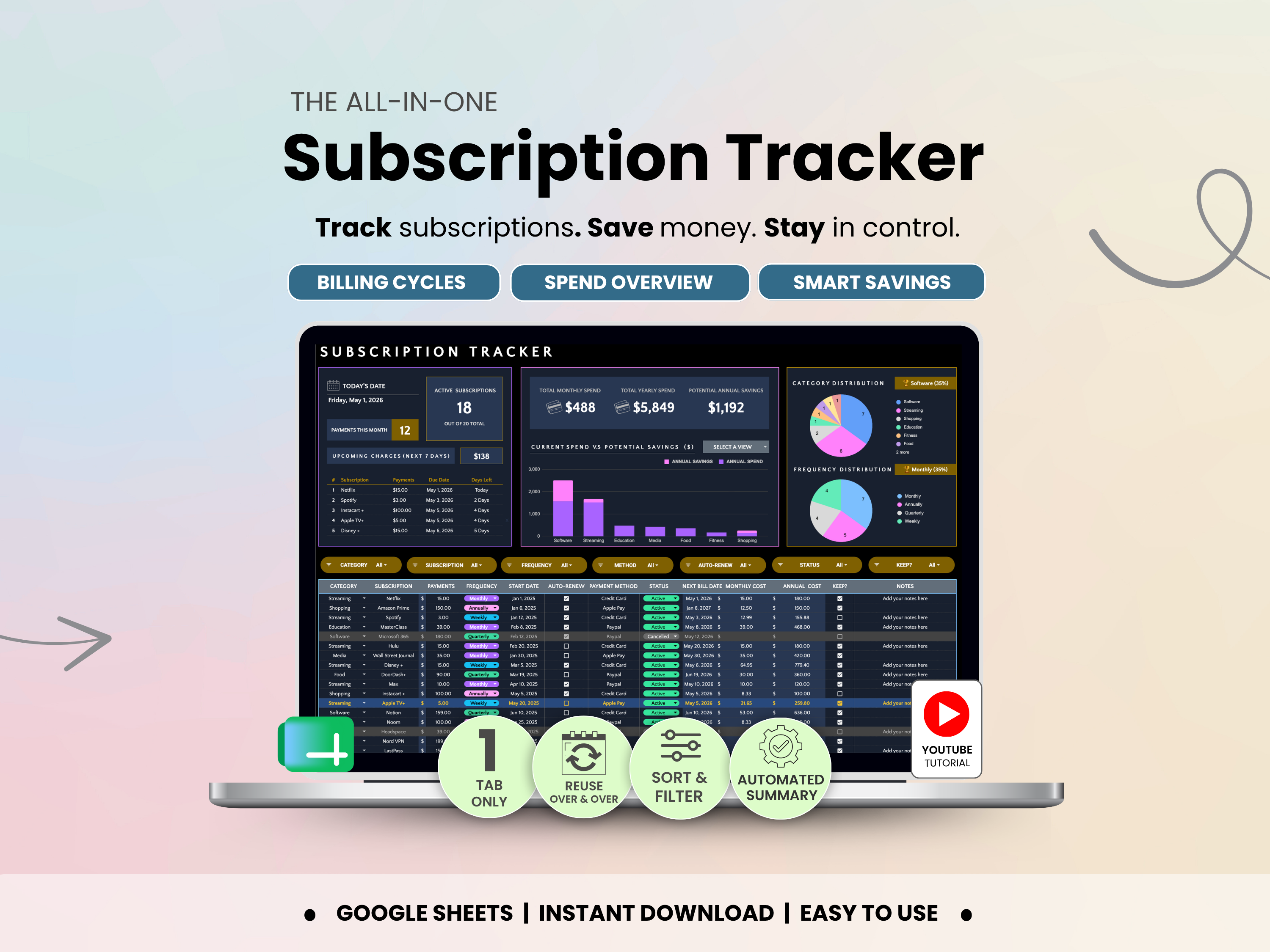 Subscription tracker Spreadsheet by Smart Kit Designs