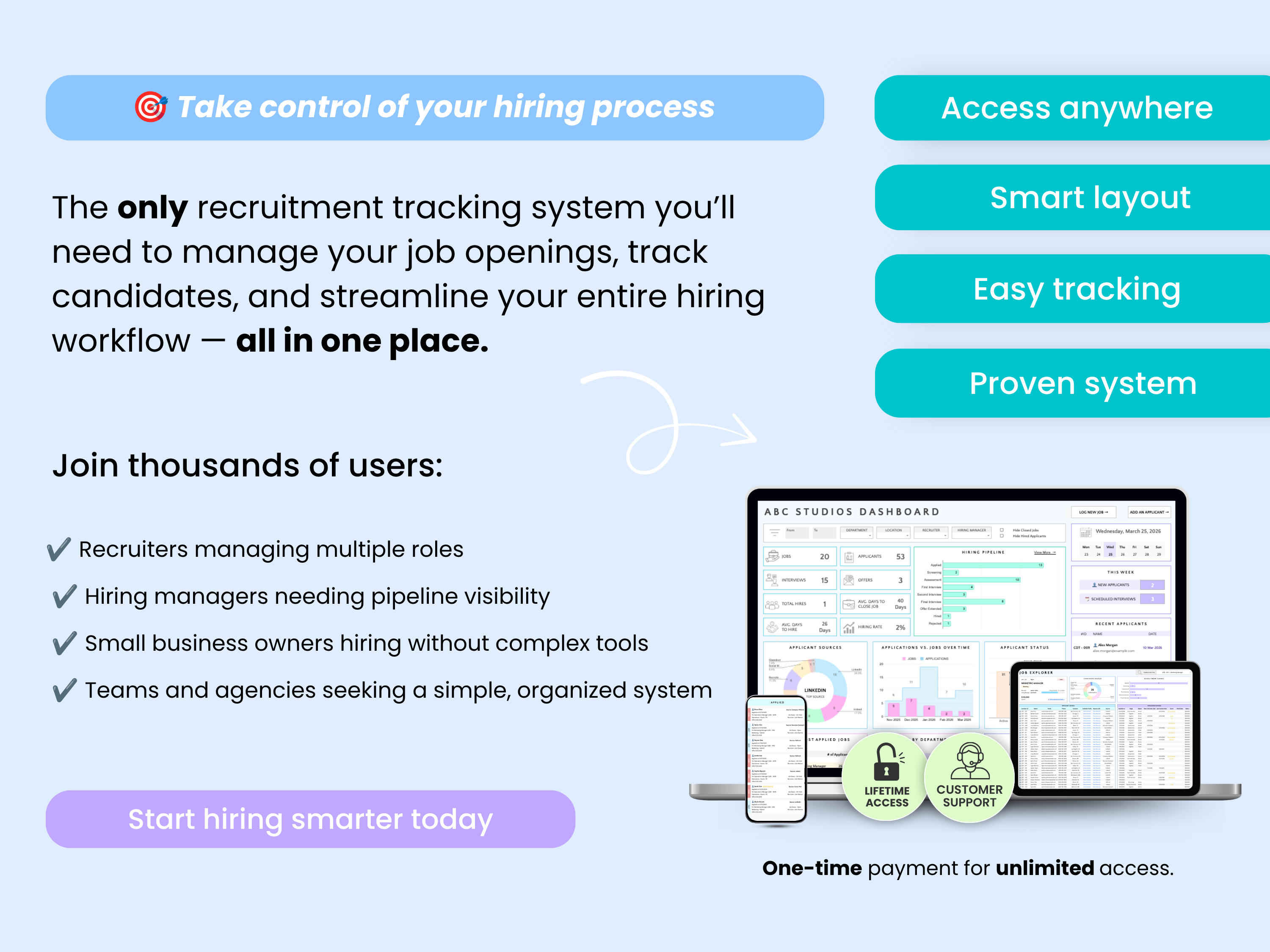 The only recruitment tracking system you’ll need to manage your job openings, track candidates, and streamline your entire hiring workflow — all in one place.
