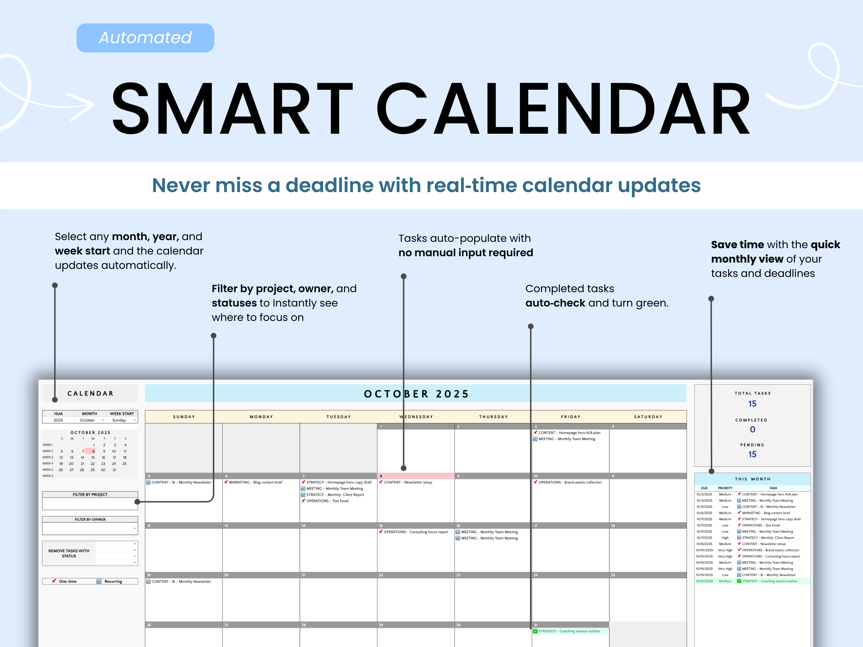 Smart calendar software interface with features and benefits highlighted