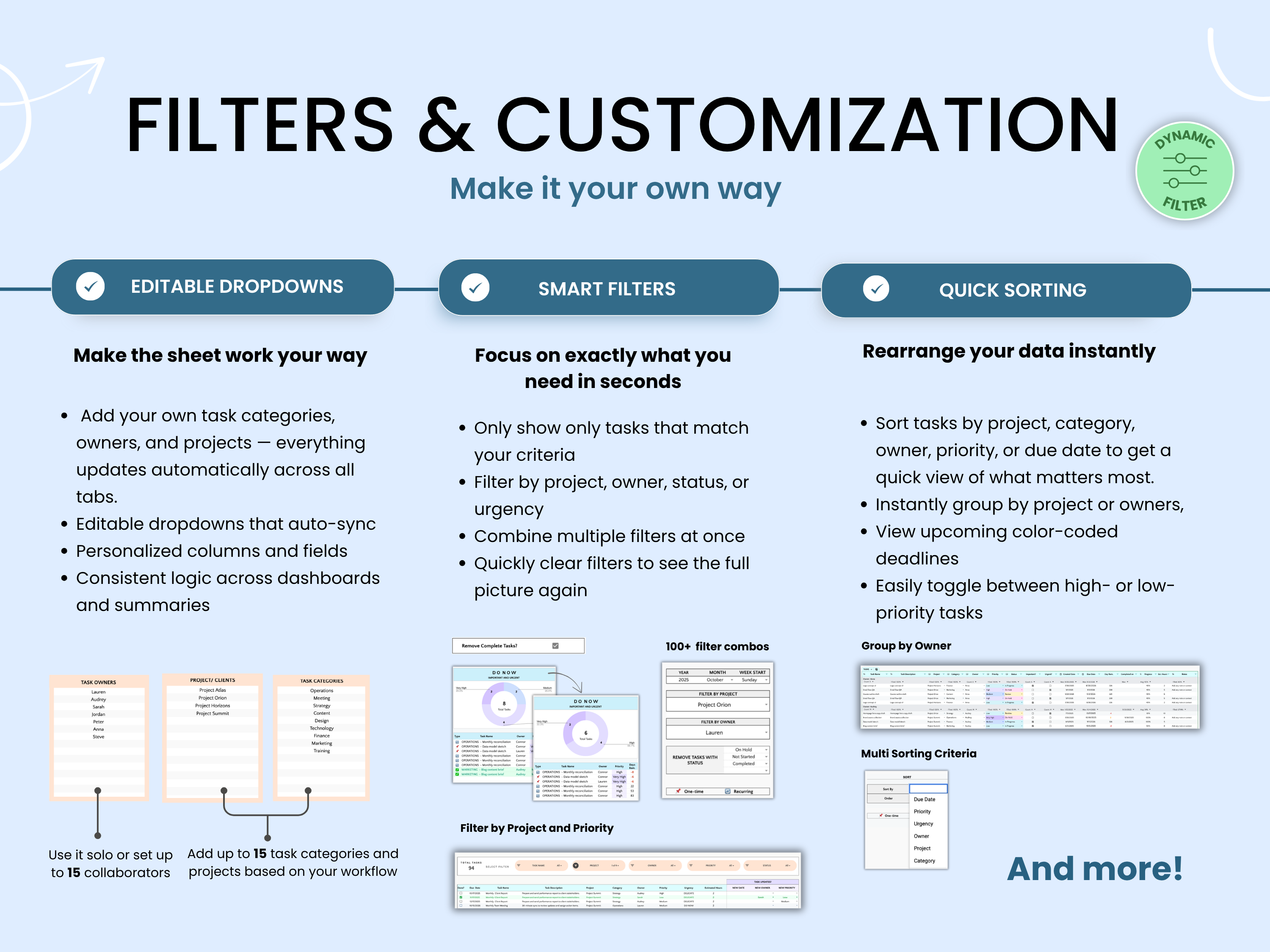 Diagram of filters and customization options for a spreadsheet application with text and icons.