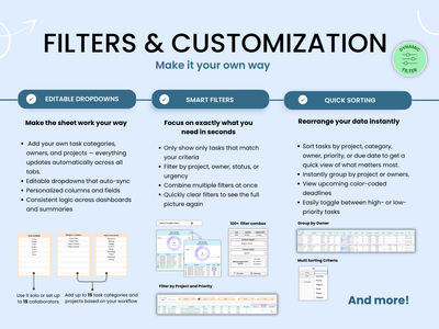 Diagram of filters and customization options for a spreadsheet application with text and icons.