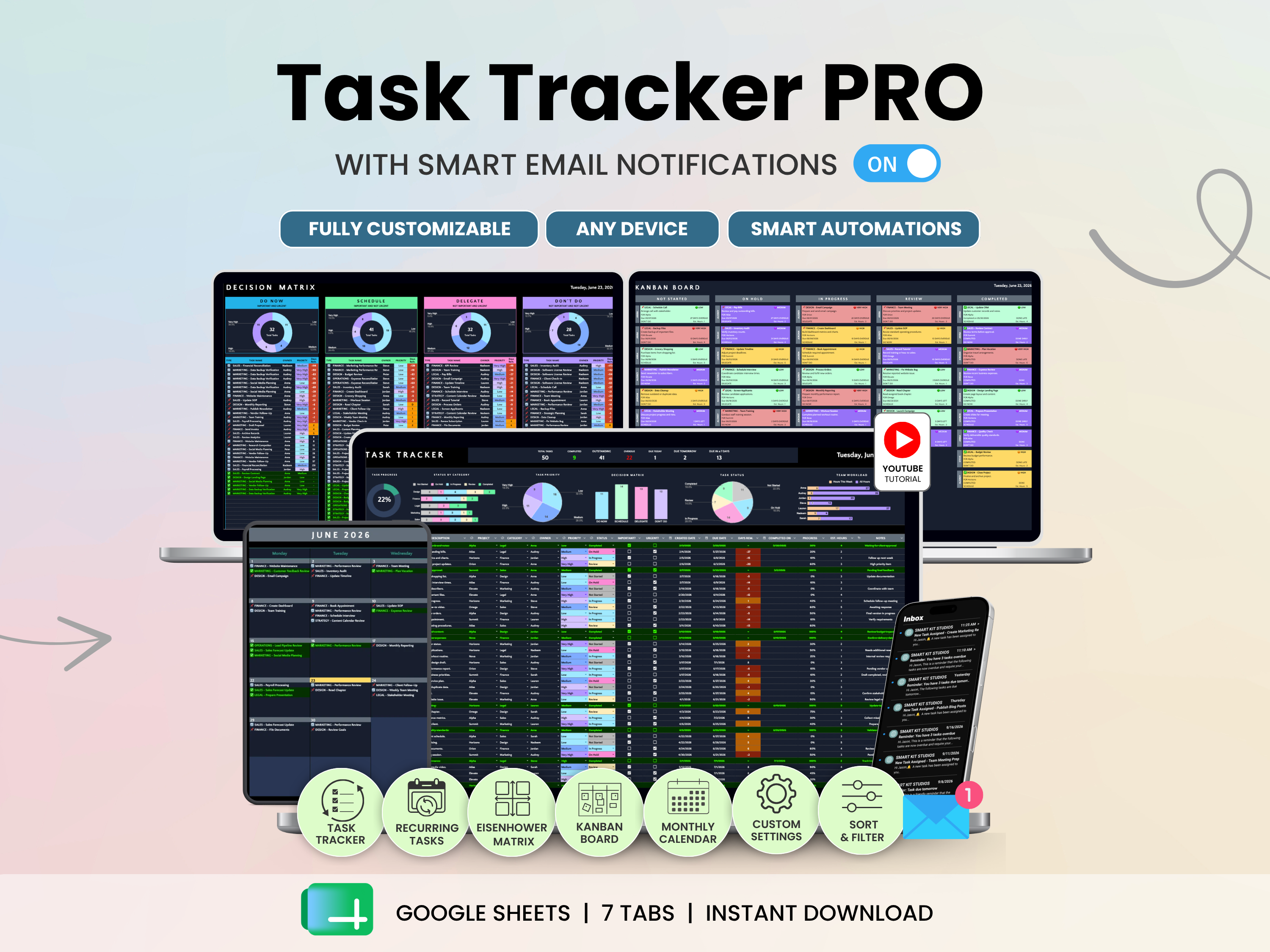 Task Tracker Pro 2.0 Dark Mode with  Email Notification Google Sheets by Smart Kit Designs