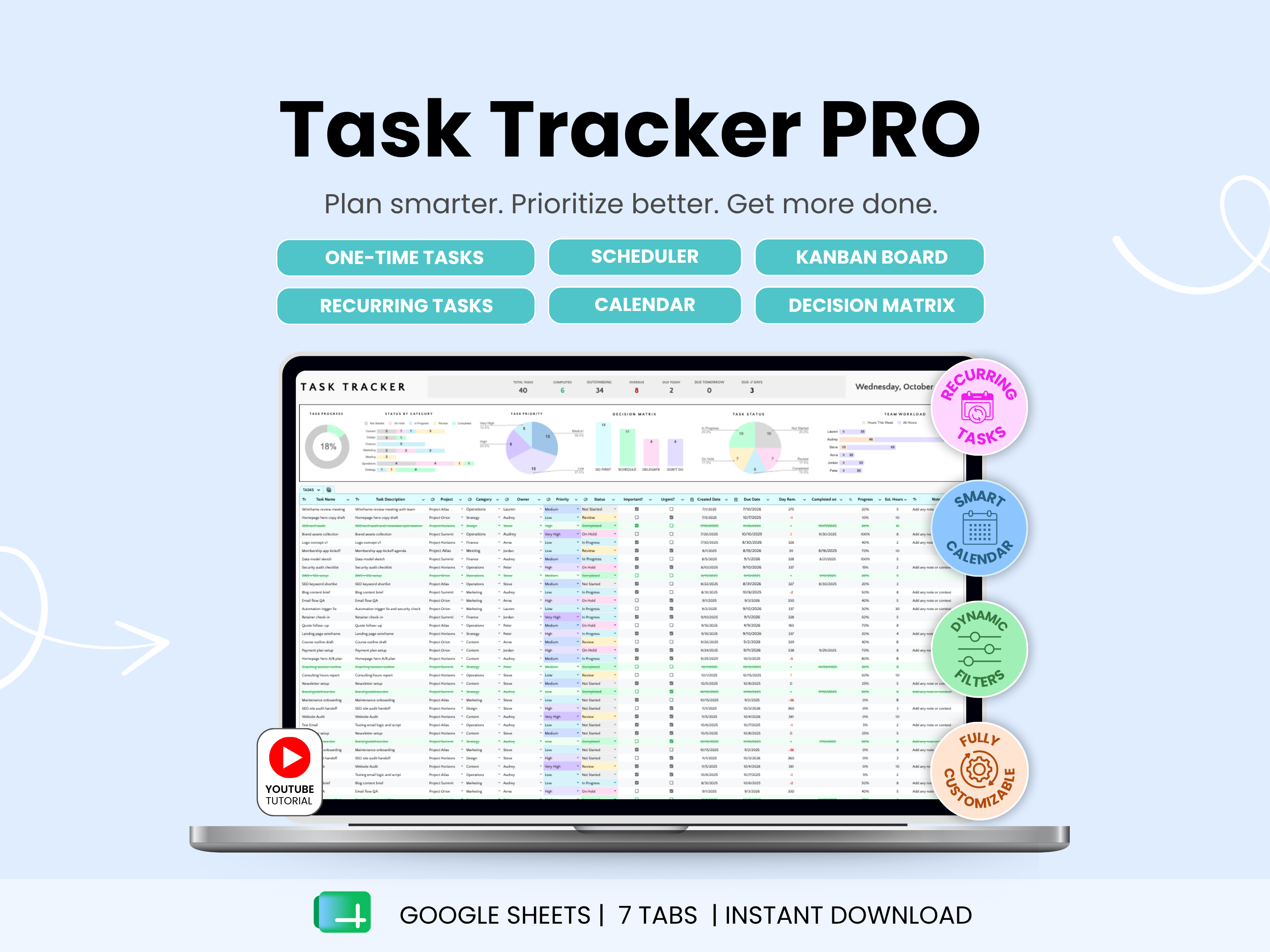 Task Tracker Pro software interface on a laptop screen with colorful icons and text on a light blue background.