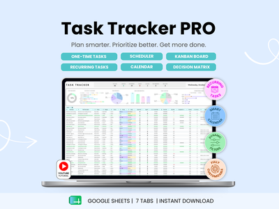 Task Tracker Pro software interface on a laptop screen with colorful icons and text on a light blue background.