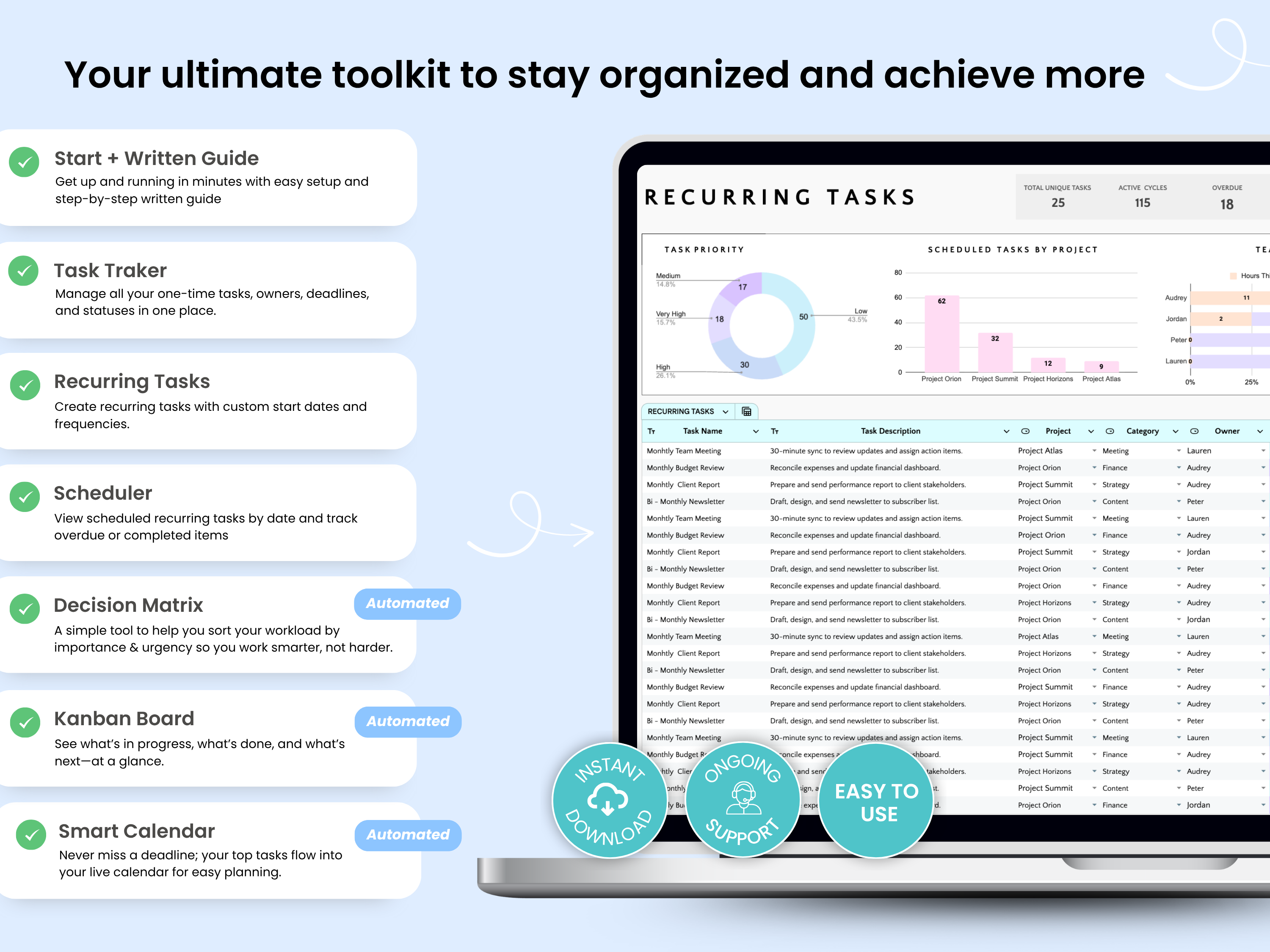 Task management software interface with a laptop displaying project management tools on a light blue background.