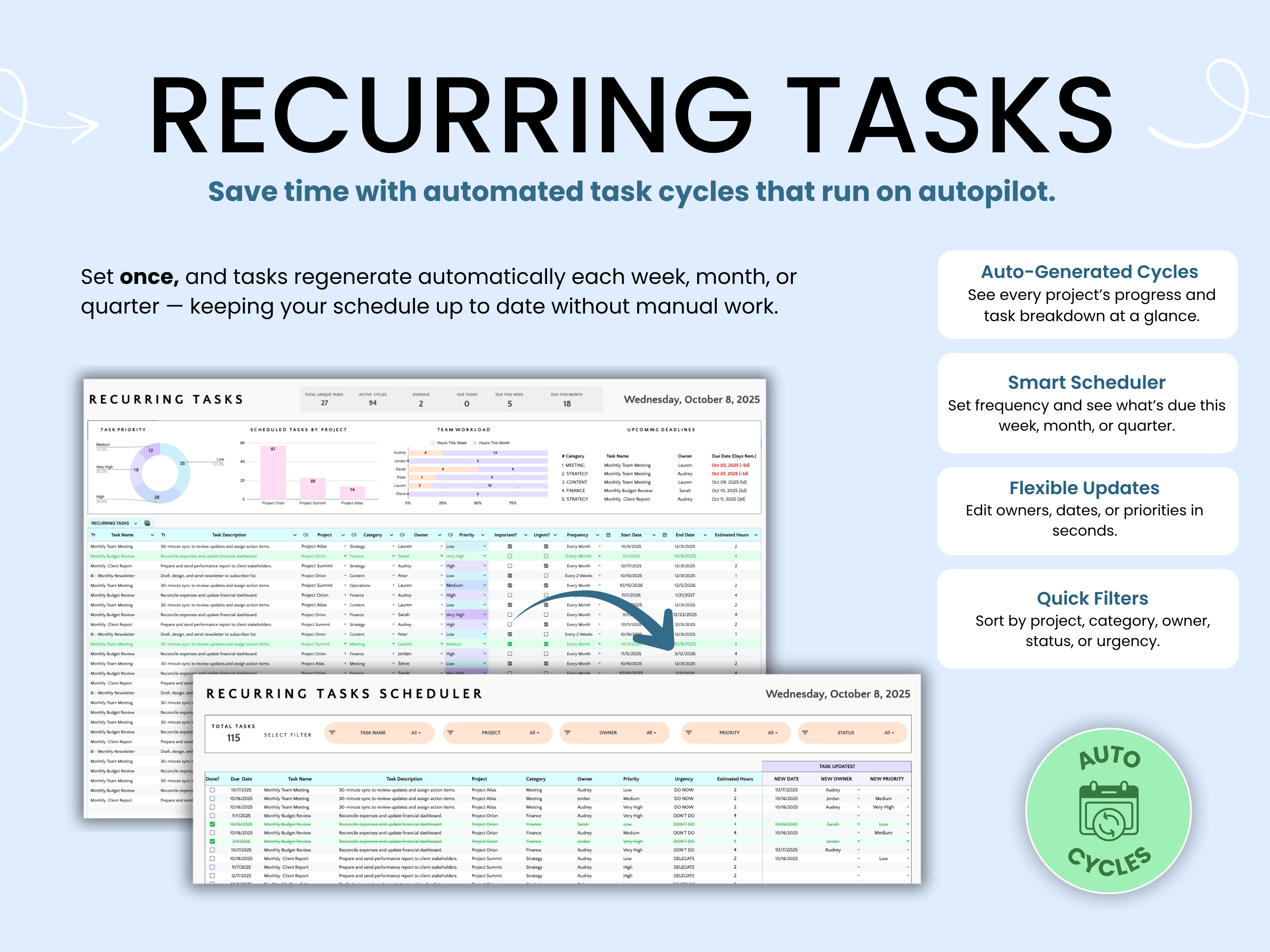 Recurring tasks scheduler with features on a white background