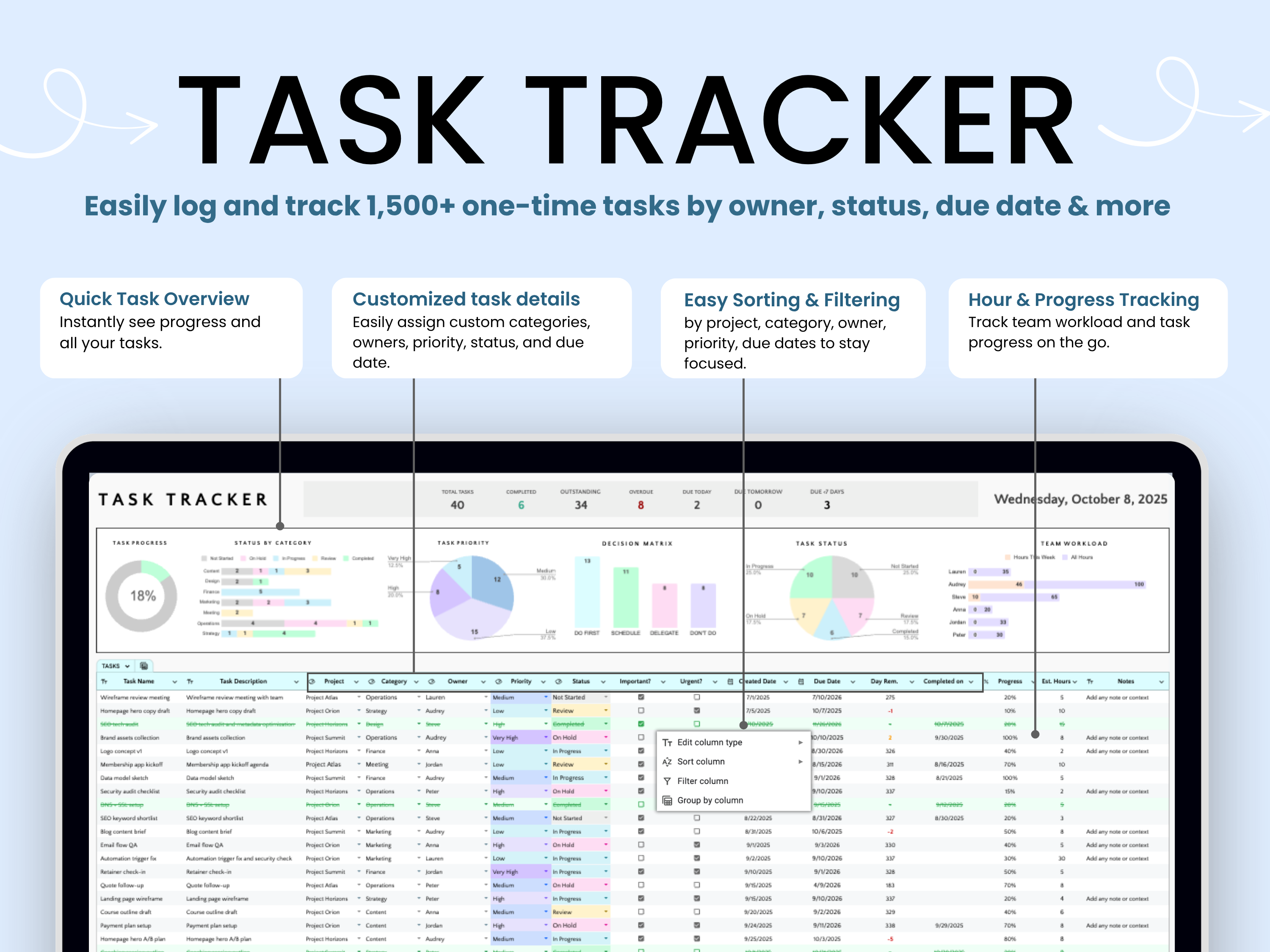 Task tracker software interface with features listed on a blue background