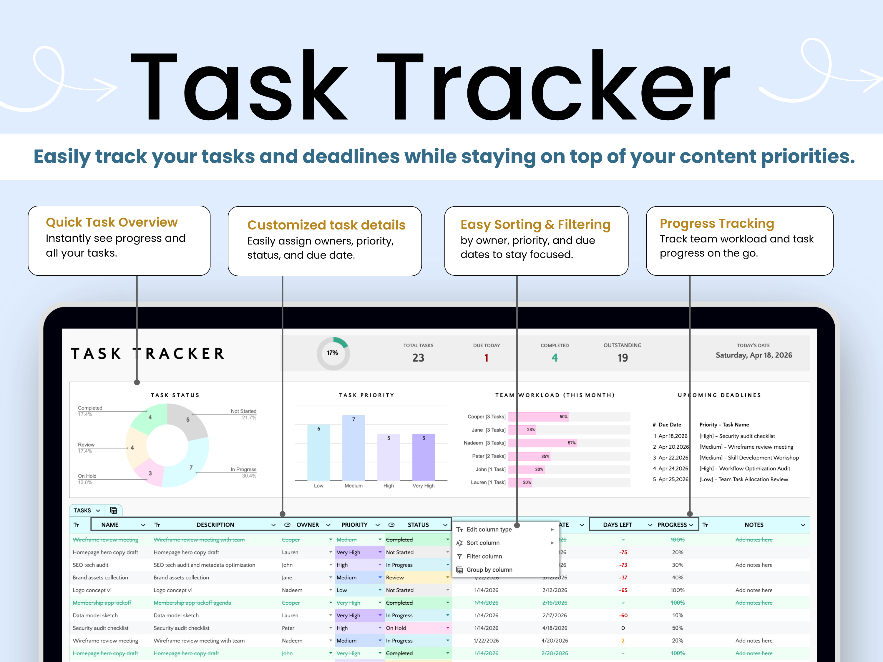 Task Tracker software interface with various features on a blue background