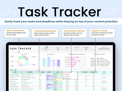 Task Tracker software interface with various features on a blue background