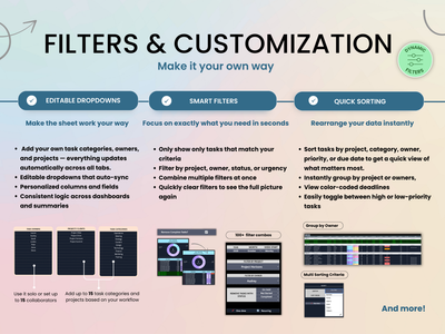 Infographic on filters and customization with text and icons on a light blue background
