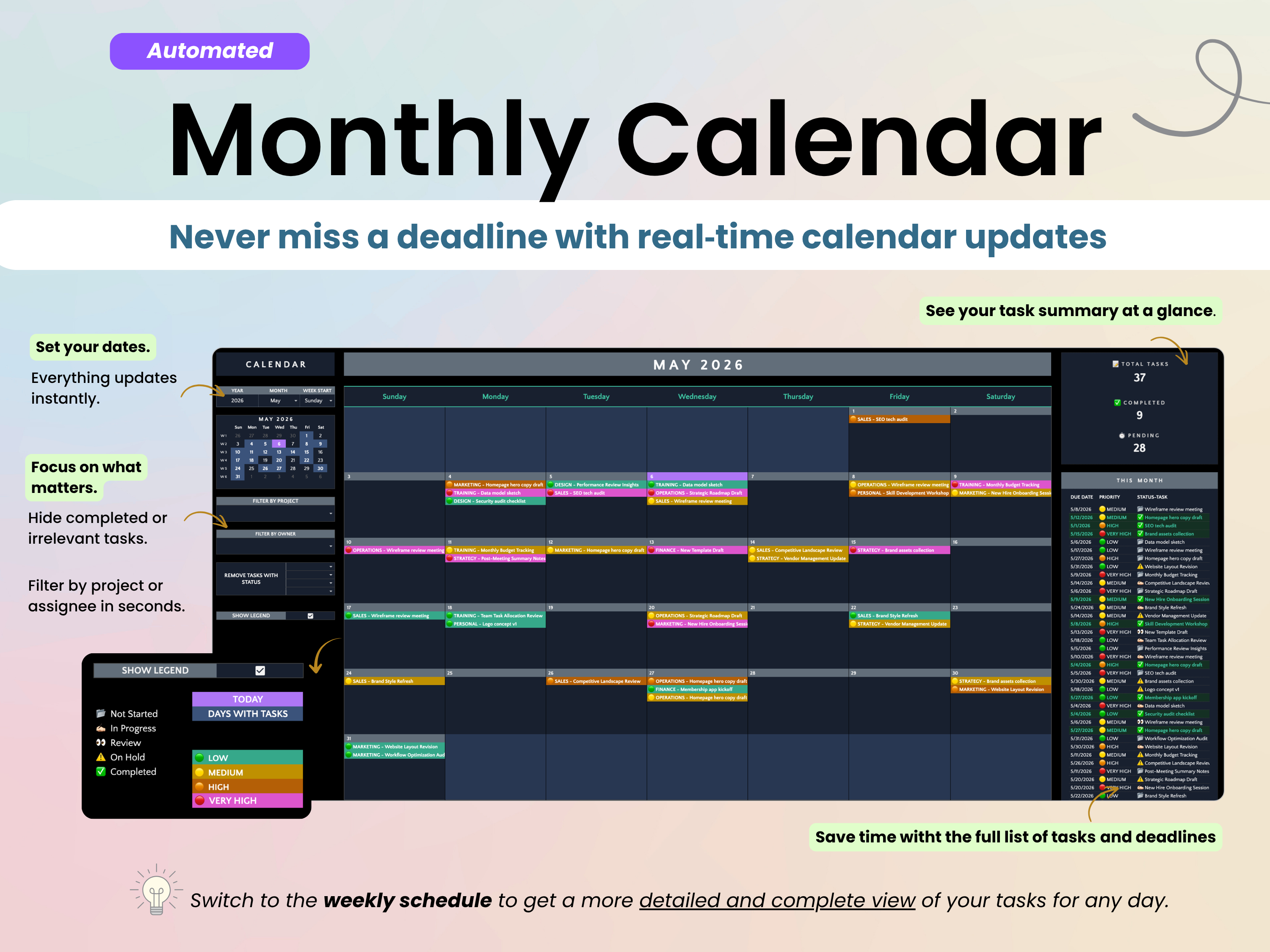 Monthly calendar tab with colorful task bars on a light pink background
