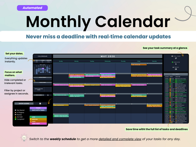 Monthly calendar tab with colorful task bars on a light pink background