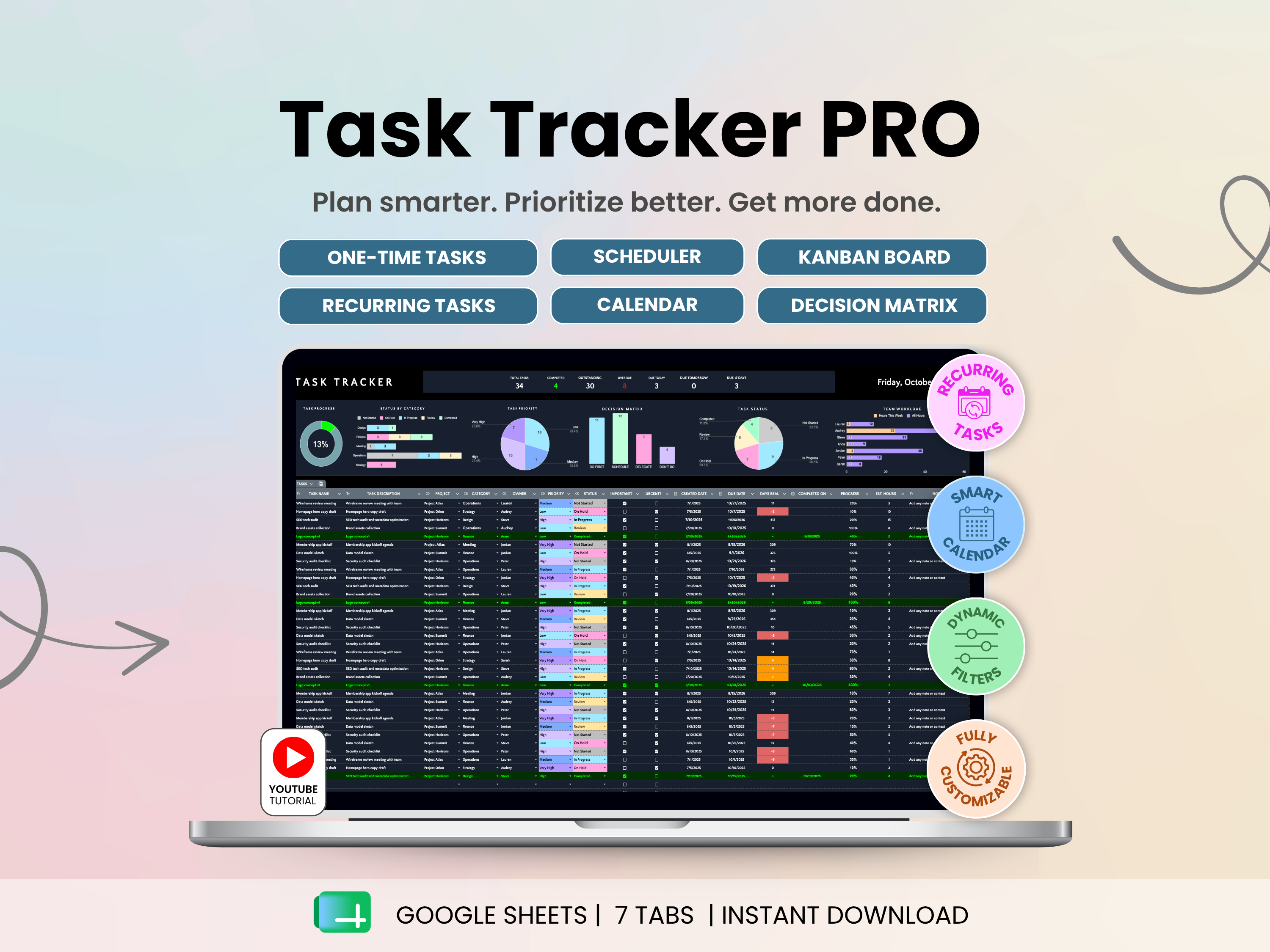 Task Tracker PRO software with features listed on a colorful background