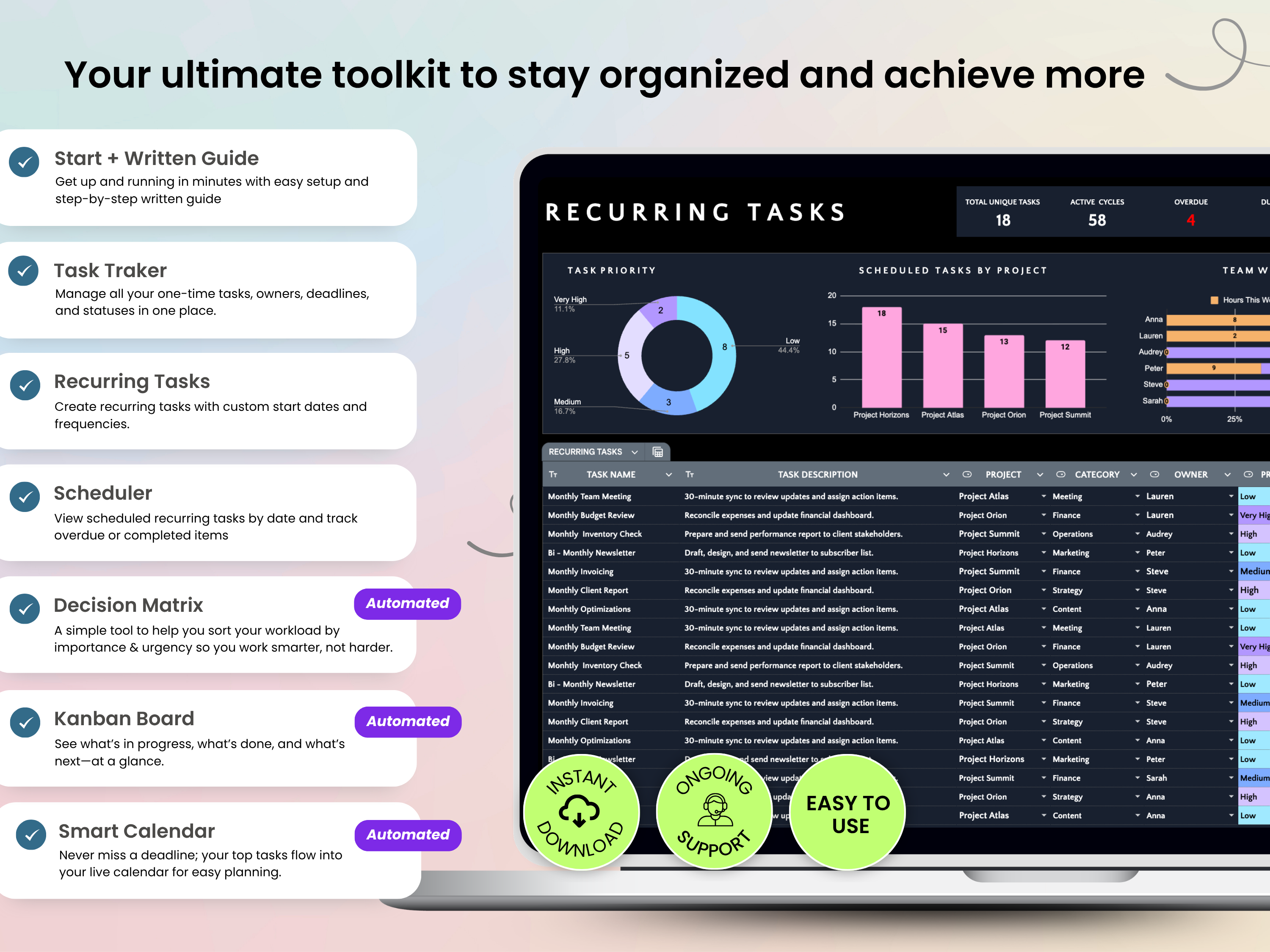 Task management software interface with features listed on the left