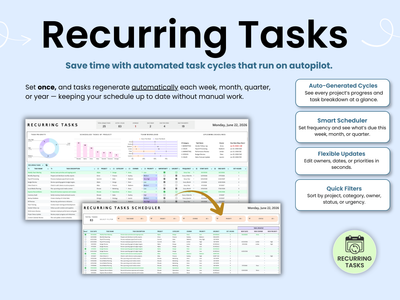 Recurring Tasks software interface with features and benefits on a light blue background