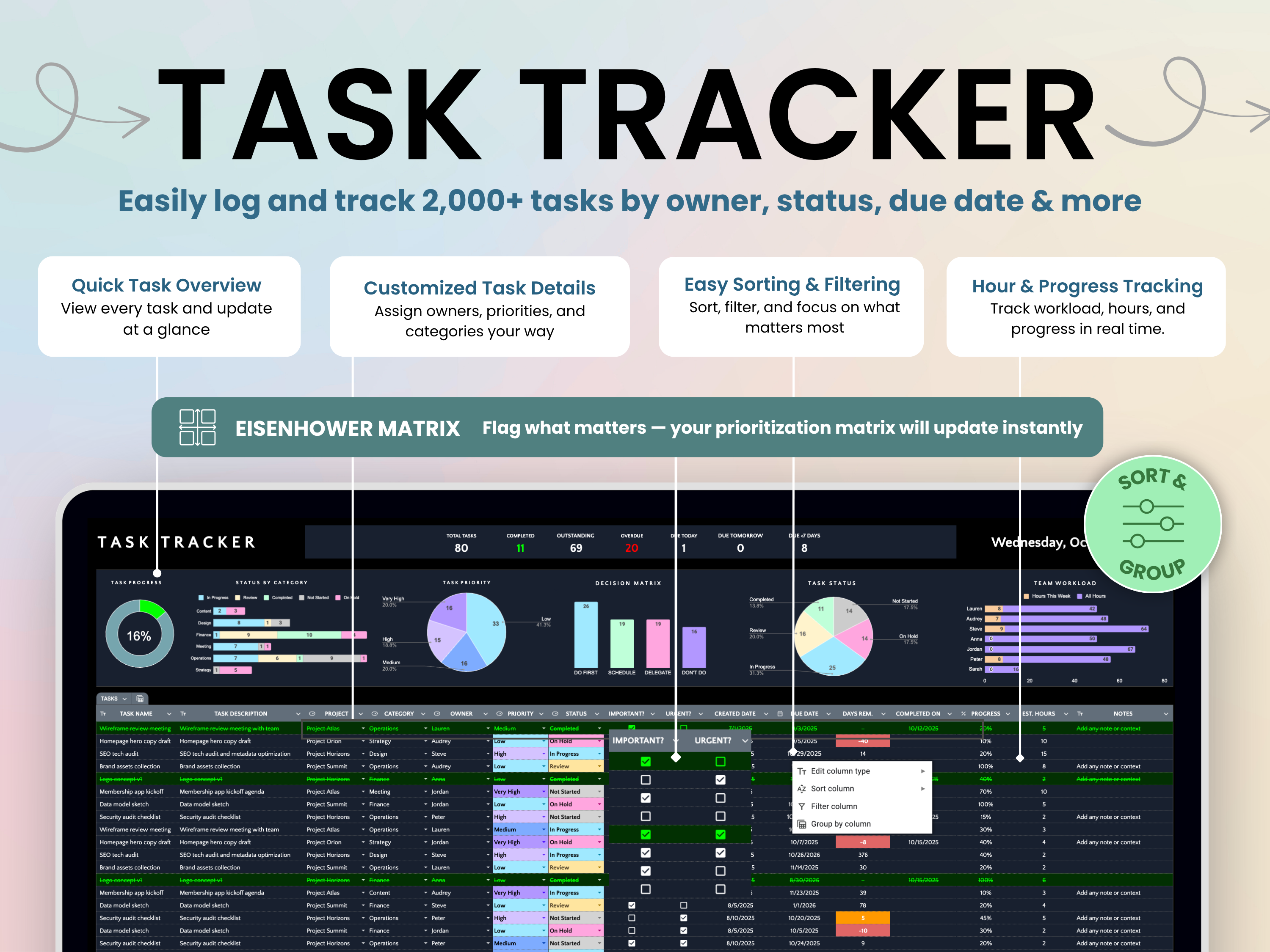 Easily log and track 2,000+ tasks by owner, status, due date and more