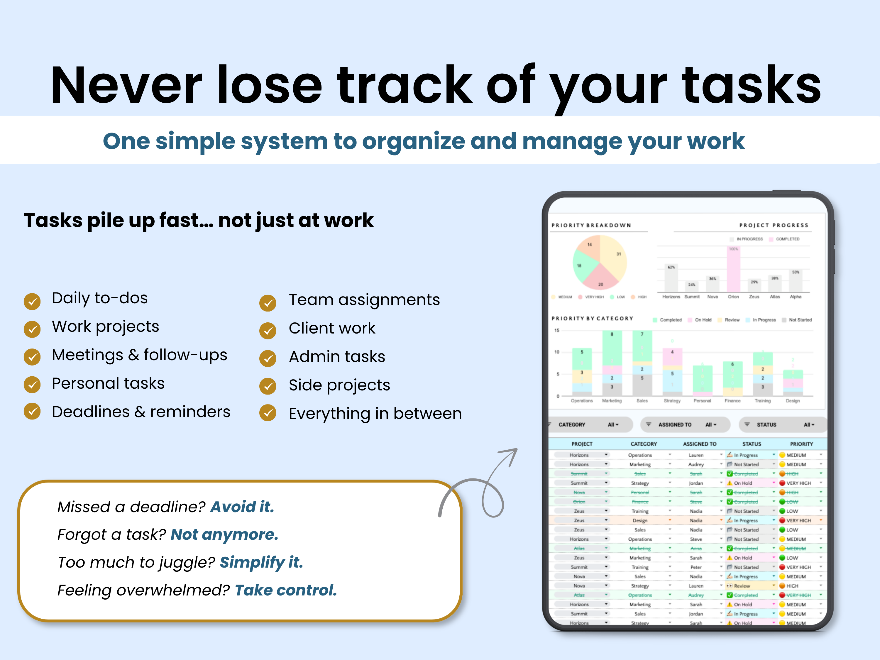 Task management system with a tablet displaying project progress on a light blue background