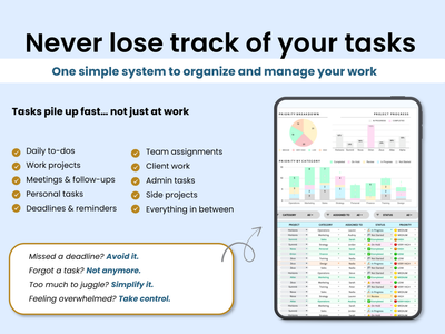 Task management system with a tablet displaying project progress on a light blue background