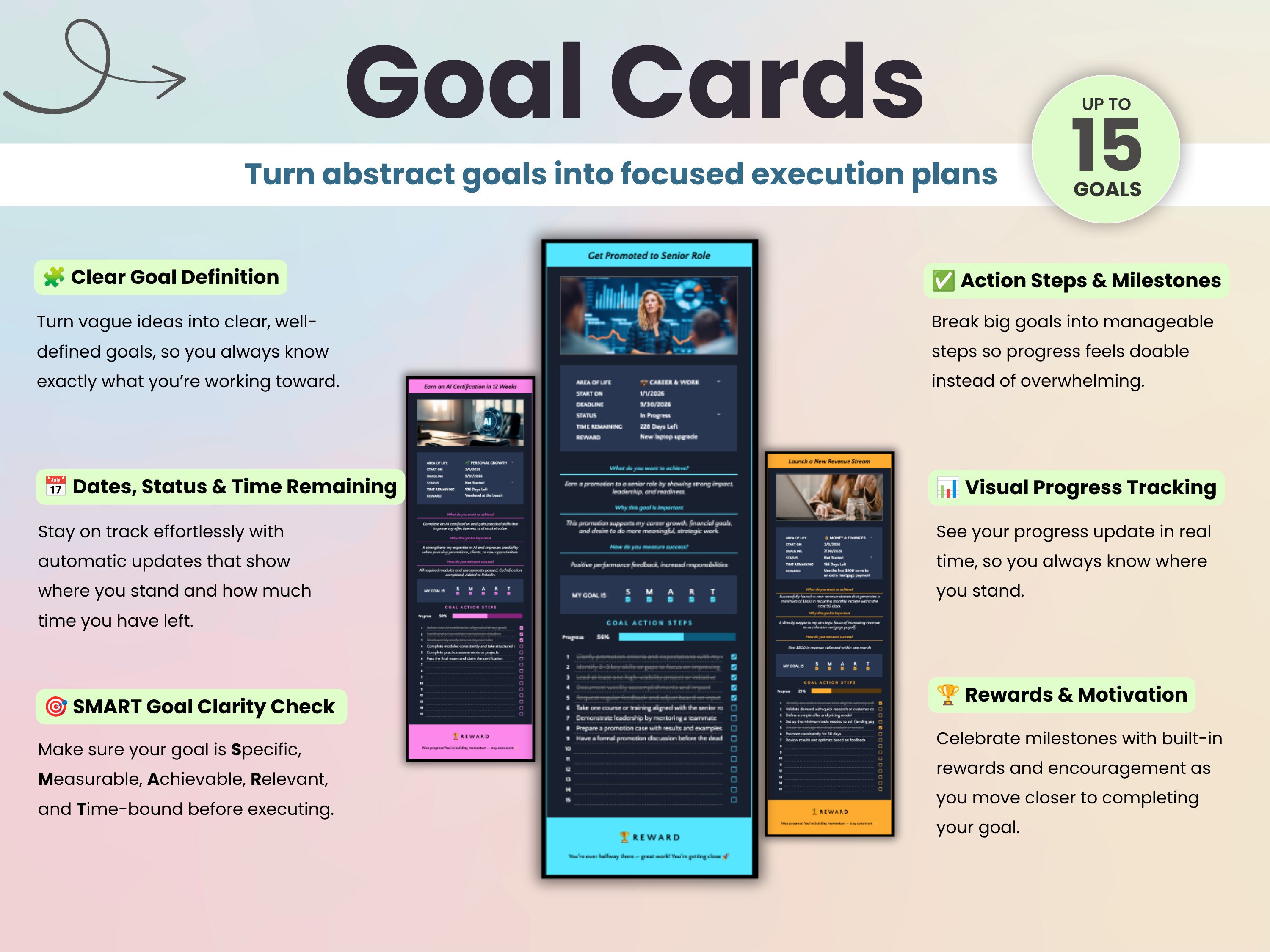 The Goal planner includes goal cards to help you turn abstract goals into focused execution plans