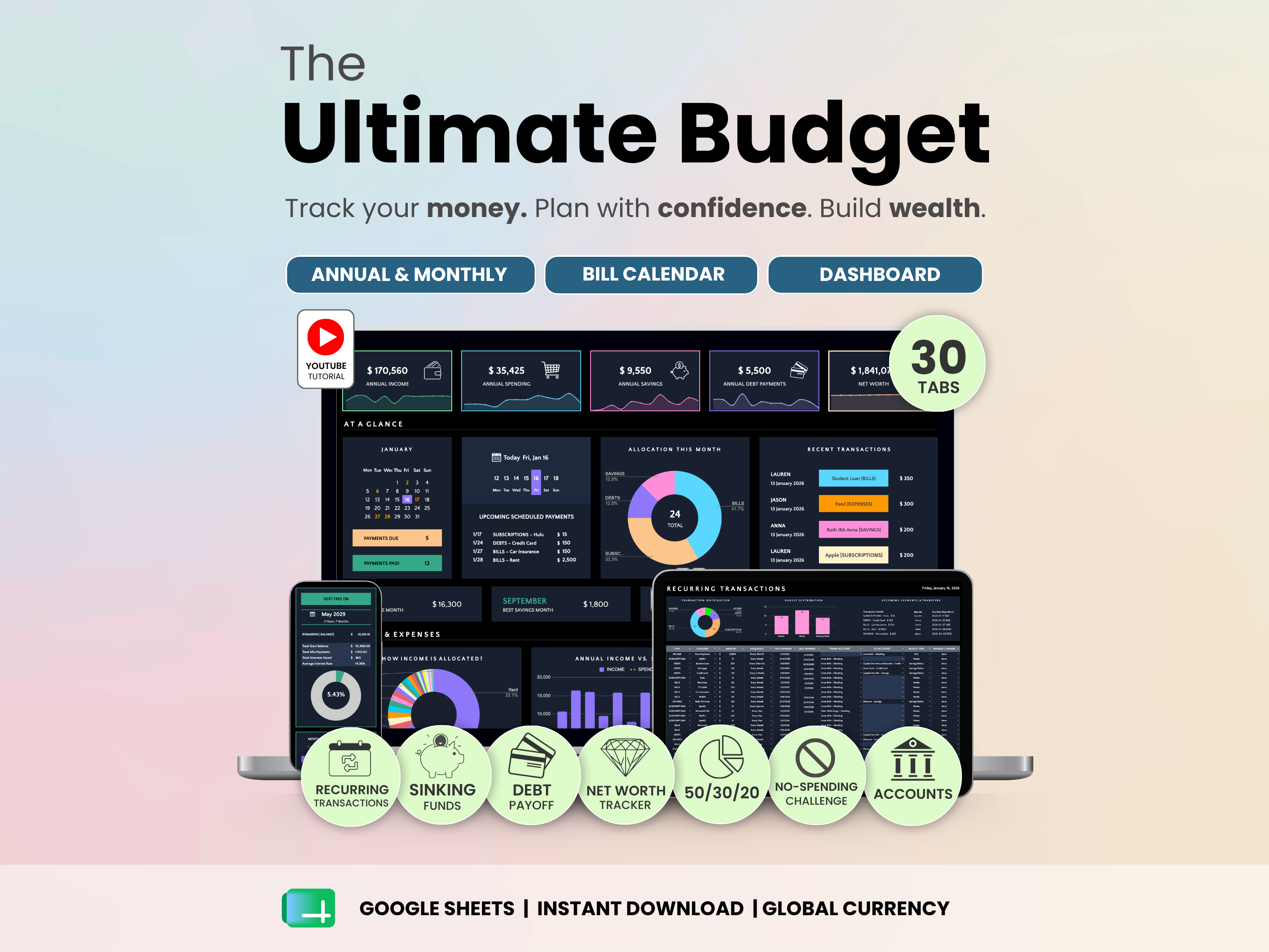 Screenshot of a budgeting tool with various features and tabs on a gradient background.