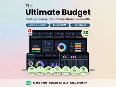Screenshot of a budgeting tool with various features and tabs on a gradient background.