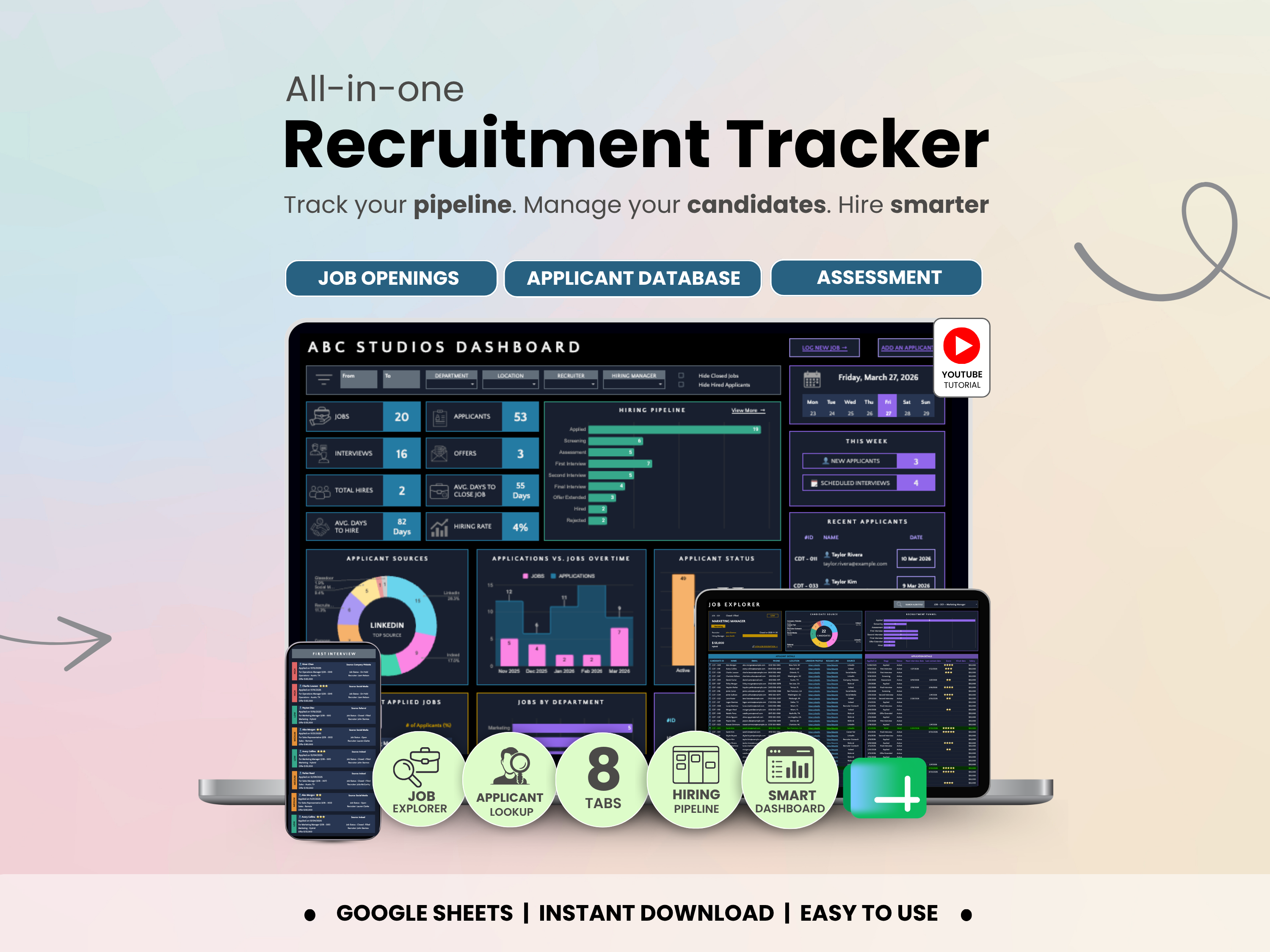 Recruitment Tracker dashboard with graphs and statistics on a gradient background