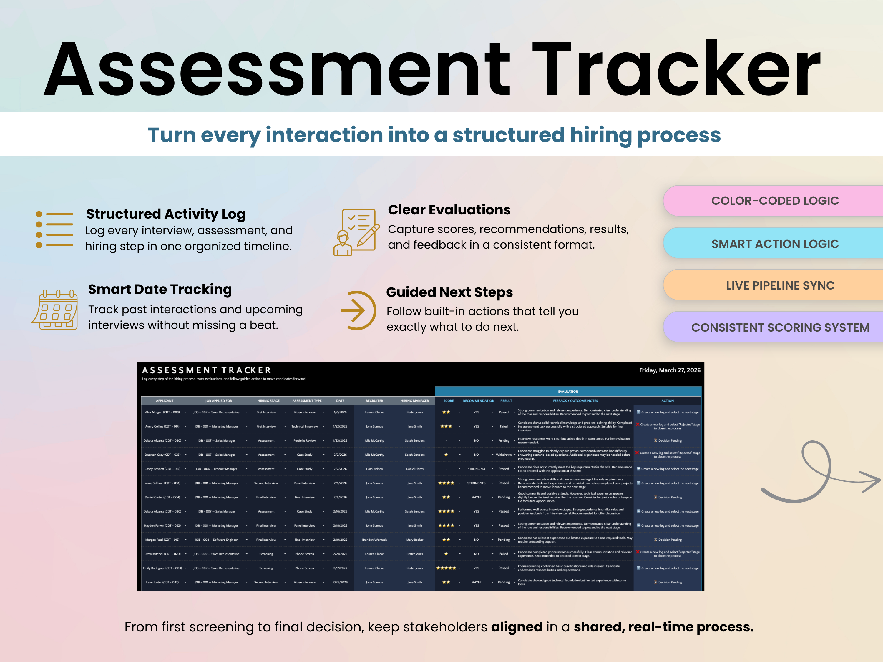 Assessment Tracker software interface with features listed on a gradient background