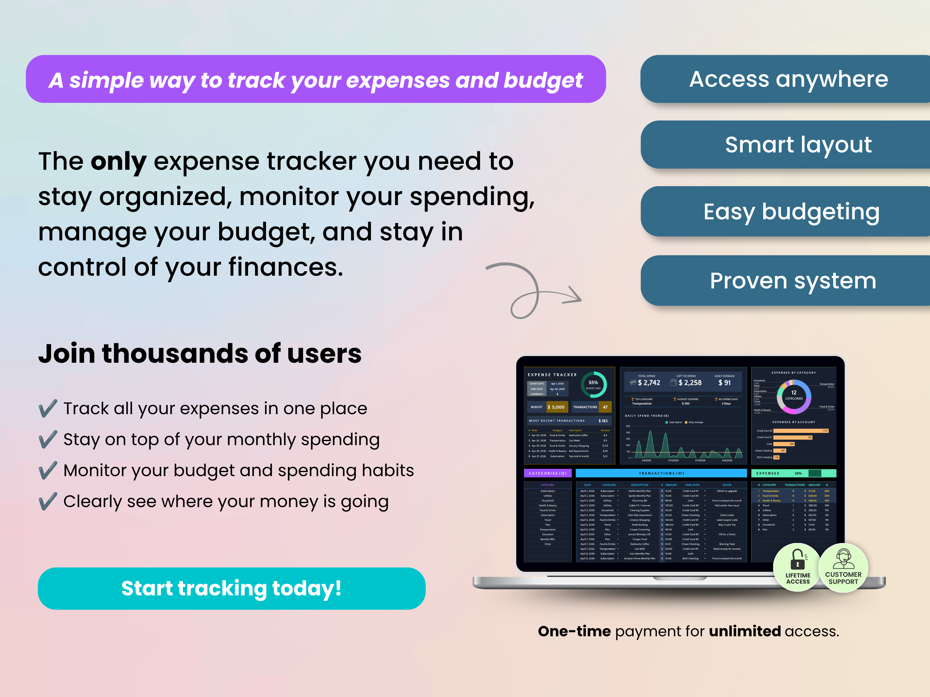 Advertisement for an expense tracker app with features and benefits on a gradient background.