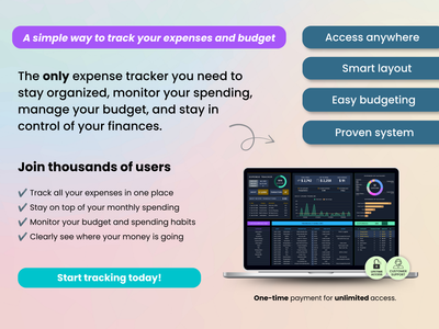 Advertisement for an expense tracker app with features and benefits on a gradient background.