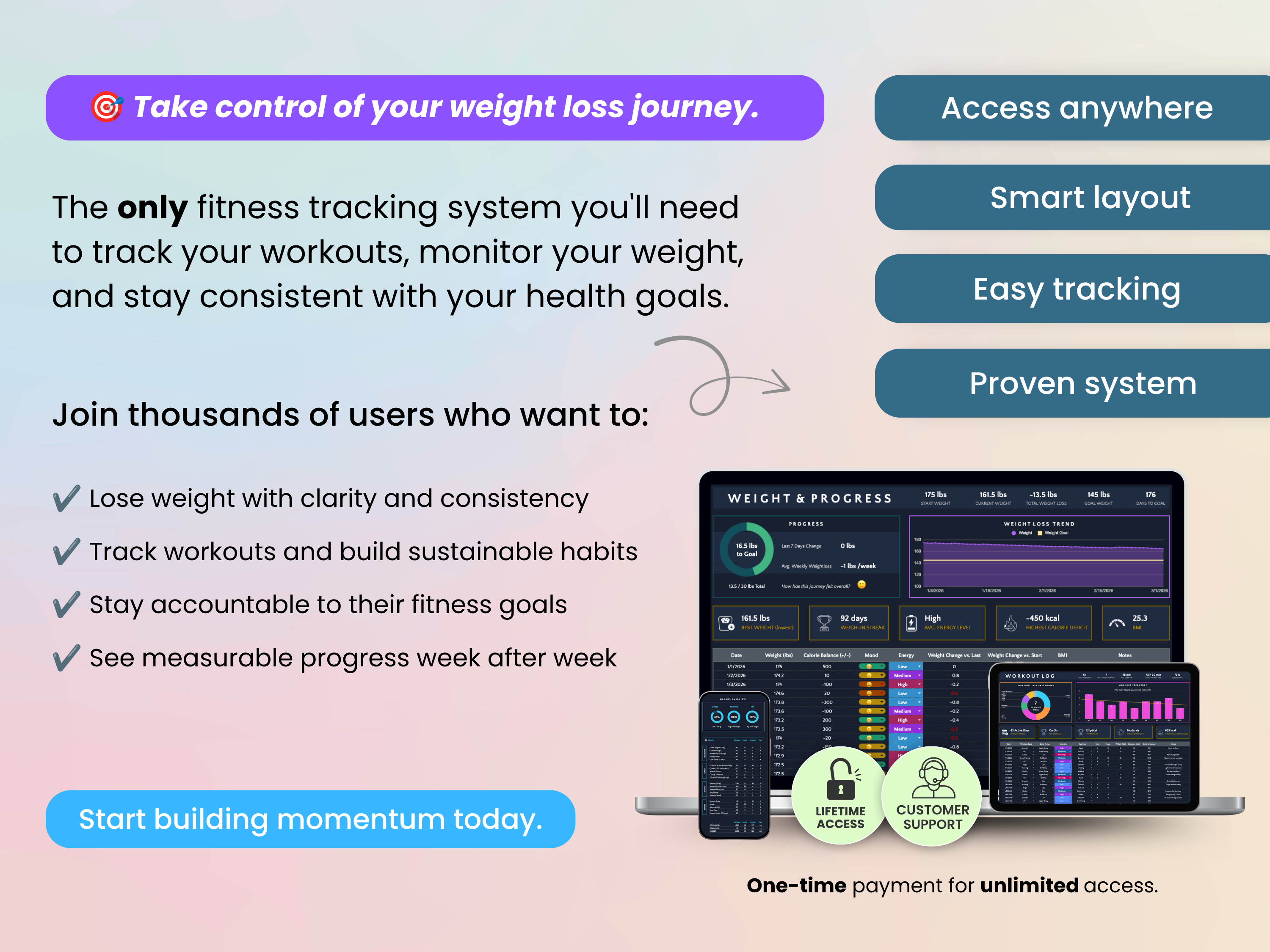 The only fitness tracking system you'll need to track your workouts, monitor your weight, and stay consistent with your health goals.