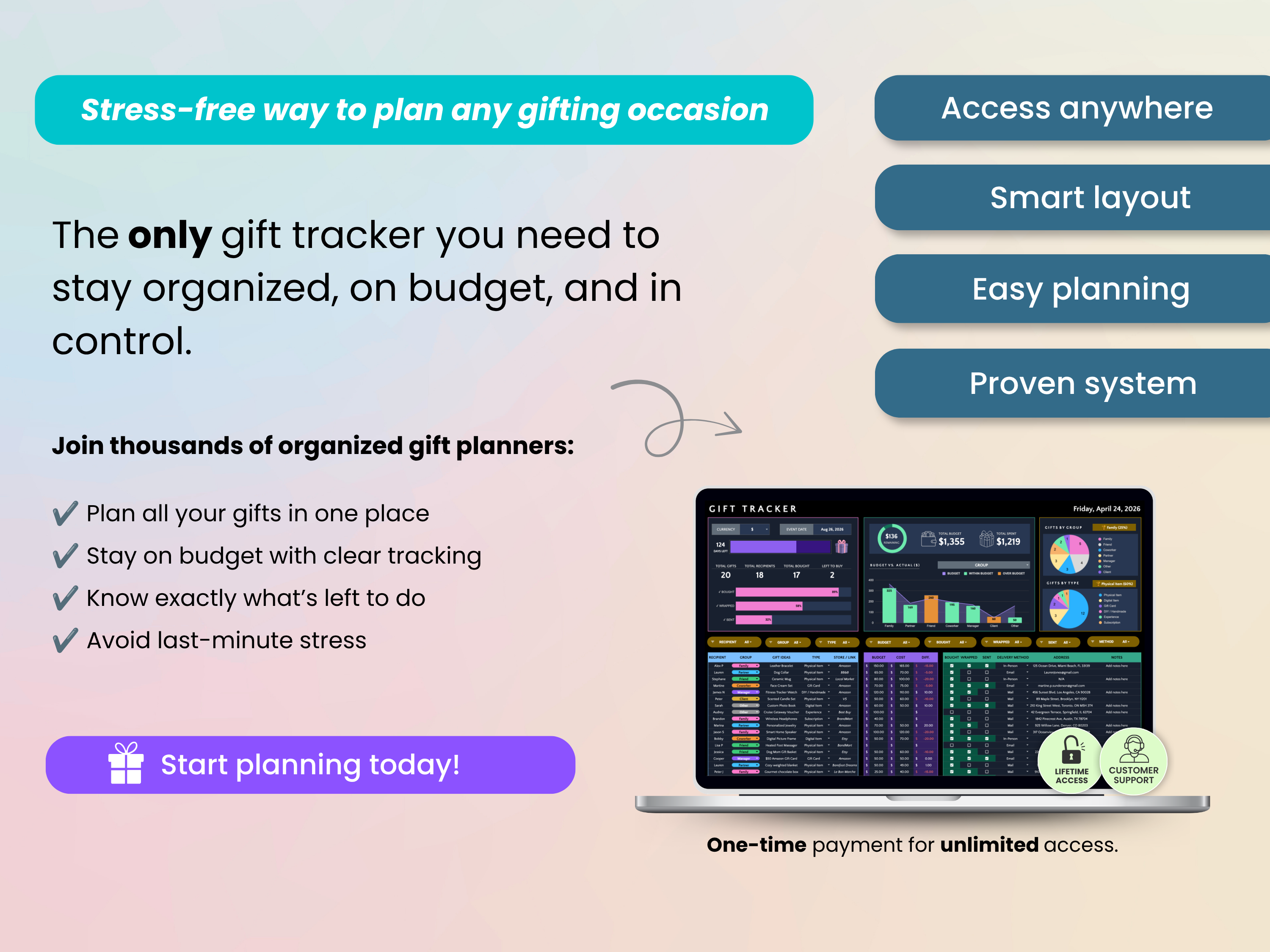 The only gift tracker you need to stay organized, on budget, and in control.