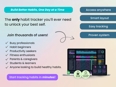 Advertisement for a habit tracker app with features and benefits listed.