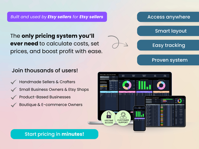 Pricing system software for Etsy sellers with features listed on a gradient background