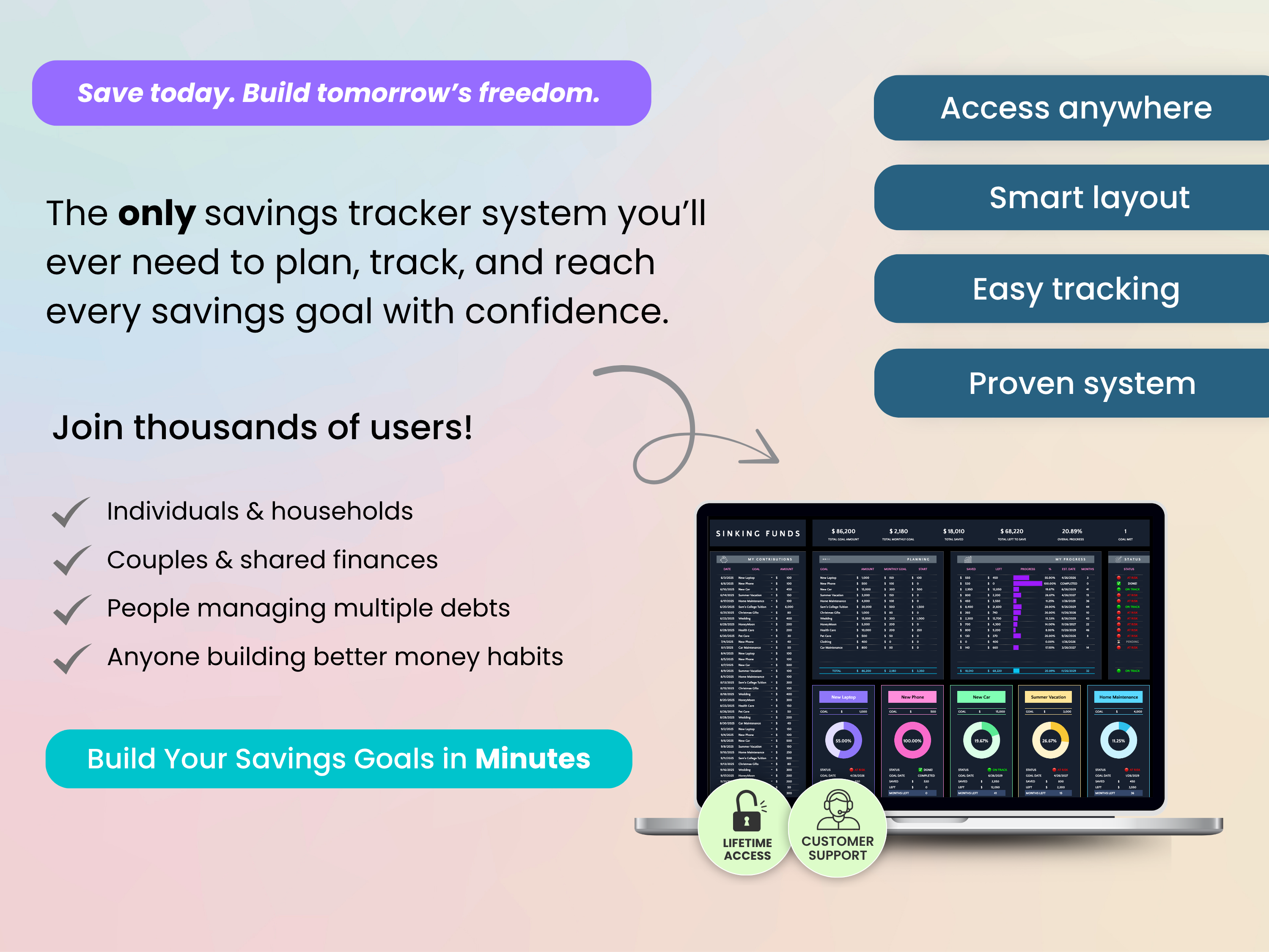 The only savings trackers system you’ll ever need to plan, track, and reach every savings goal with confidence.