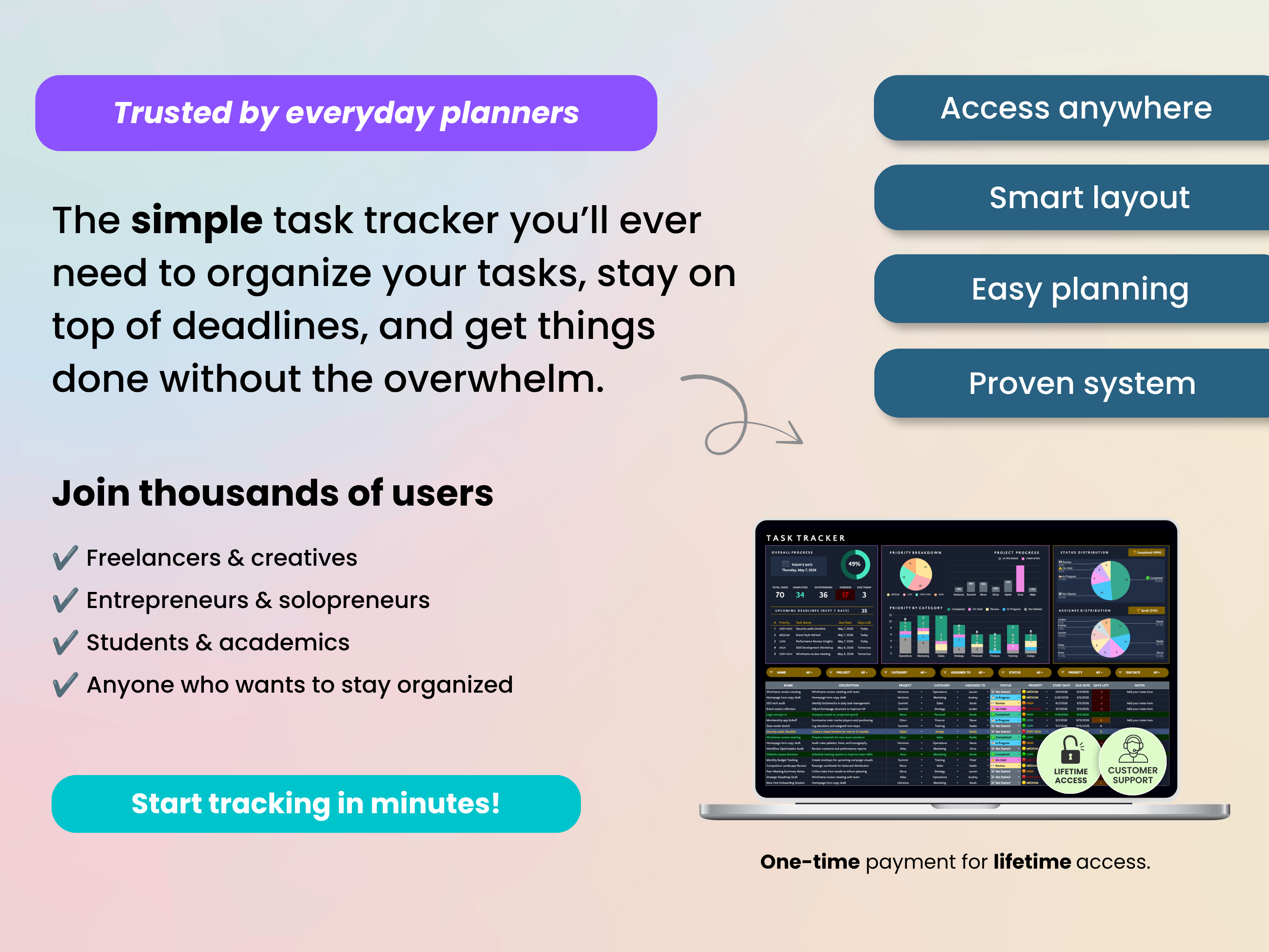 Advertisement for a task tracker app with laptop displaying app interface on a gradient background.