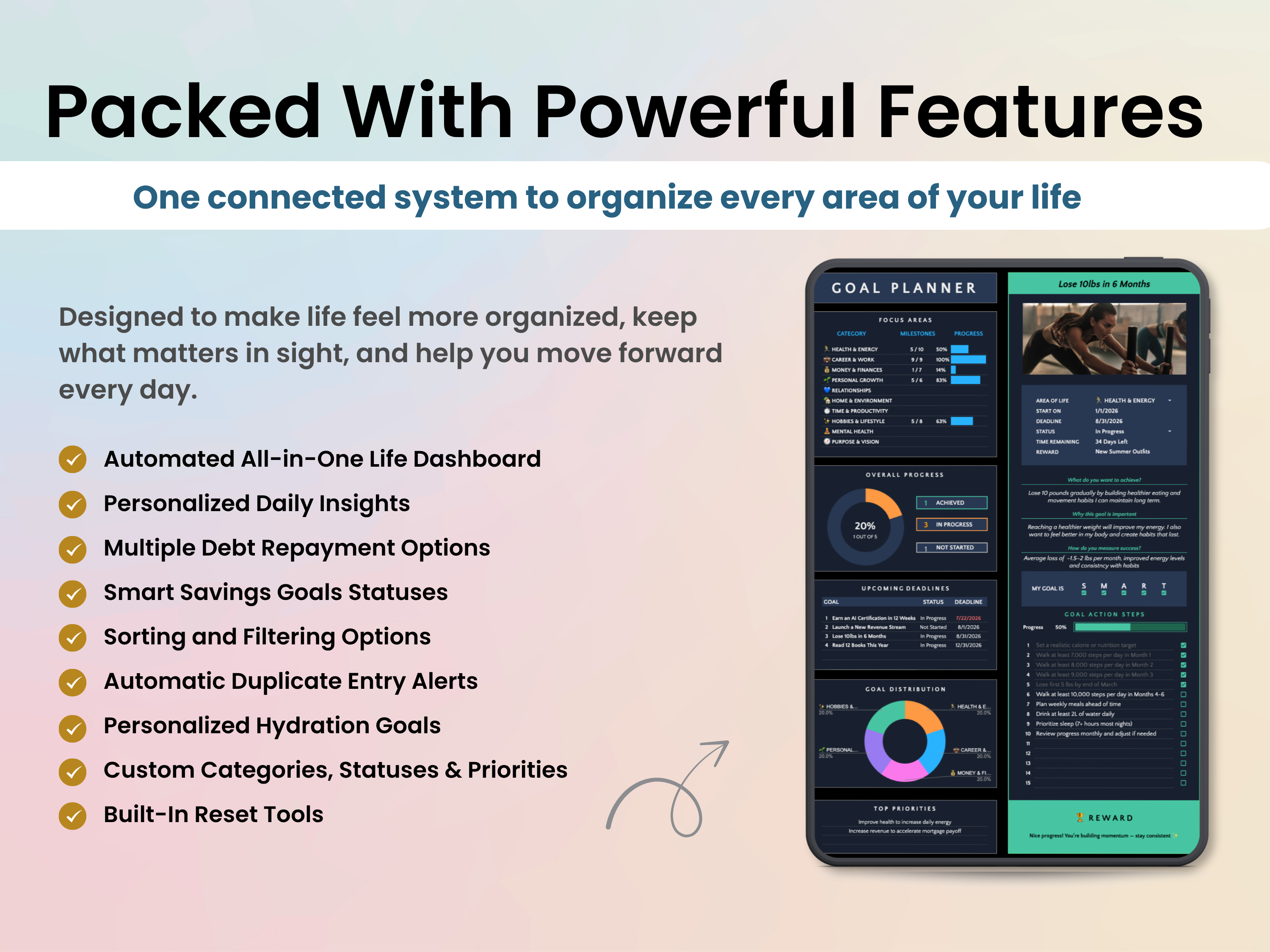 Promotional graphic for a digital 'Coal Planner' dashboard, showing a smartphone mockup displaying the dark-themed planner interface alongside a bulleted list of features on a soft pastel gradient background.