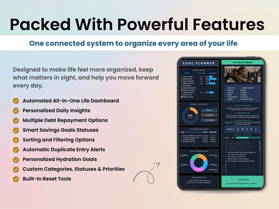 Promotional graphic for a digital 'Coal Planner' dashboard, showing a smartphone mockup displaying the dark-themed planner interface alongside a bulleted list of features on a soft pastel gradient background.