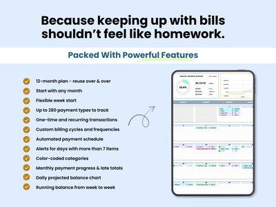 Promotional graphic for a mobile budgeting app, featuring a light blue background, marketing text, a bulleted list of features, and a smartphone mockup displaying the app interface.