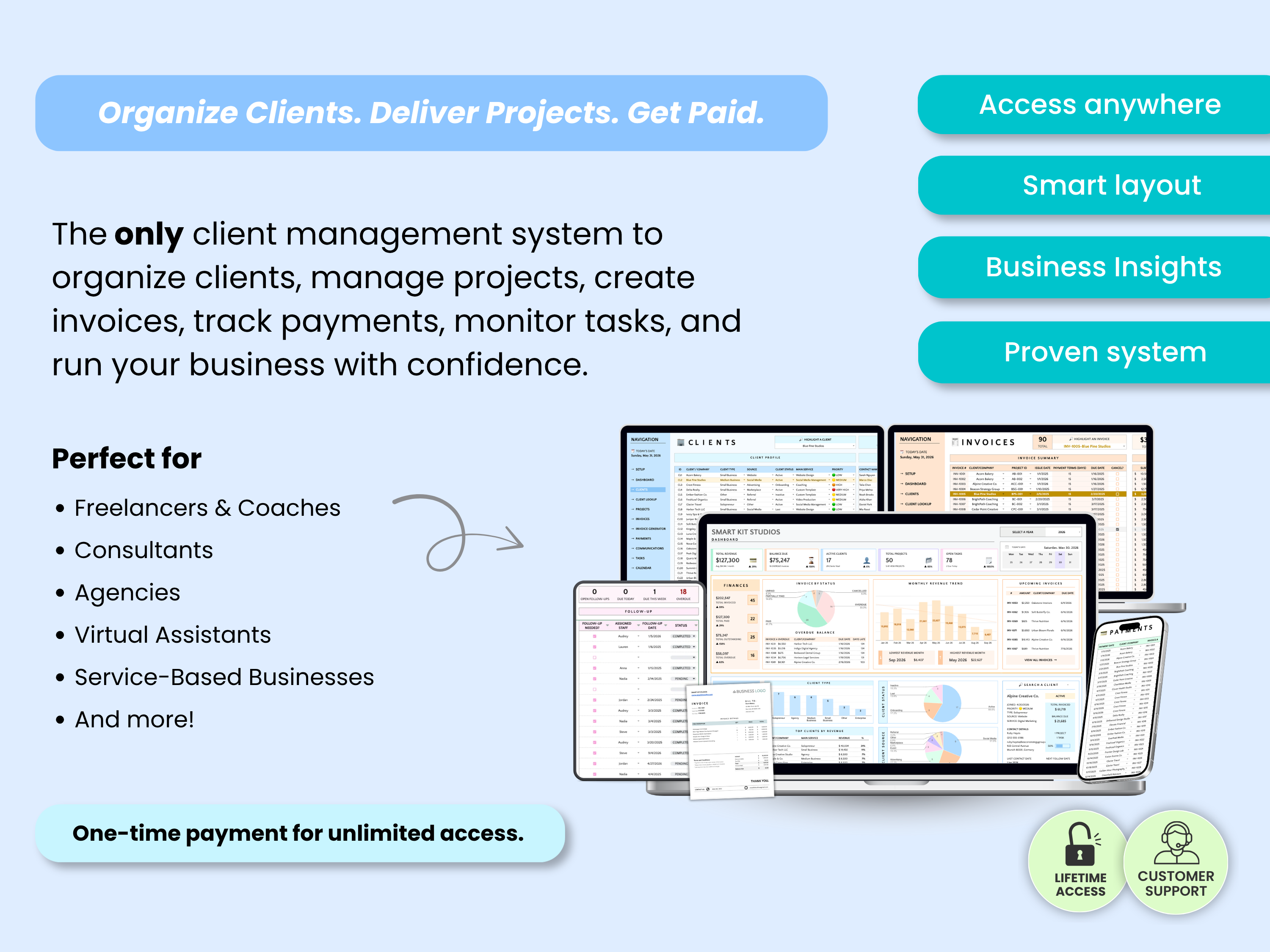 Advertisement for a client management system with text and images of a computer screen and smartphone.