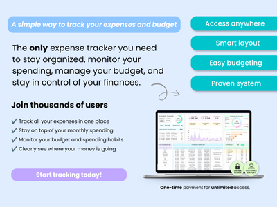 Advertisement for an expense tracker app with features and benefits highlighted.