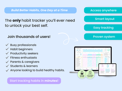 Advertisement for a habit tracker app with features and benefits on a light blue background.