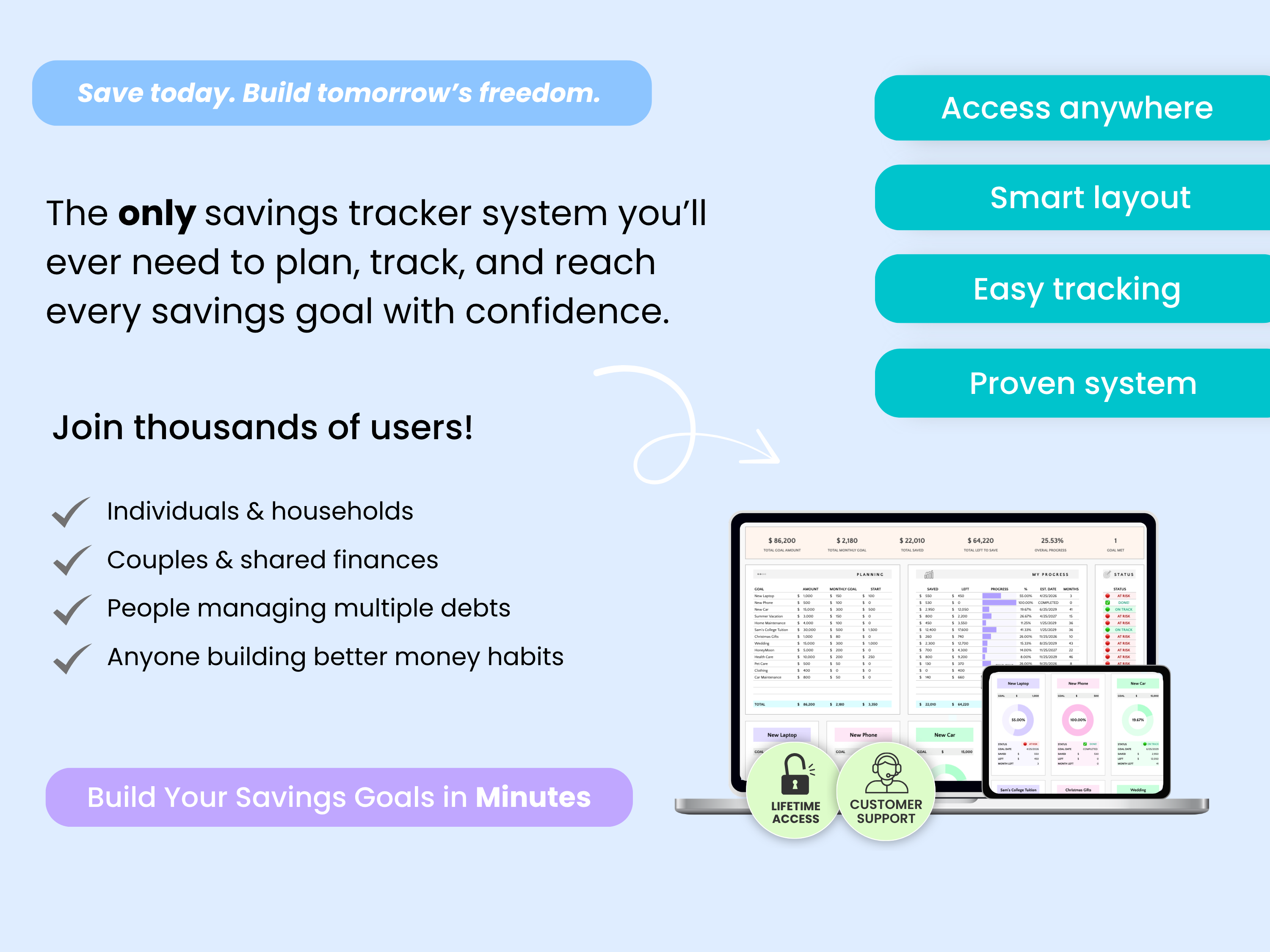The only savings trackers system you’ll ever need to plan, track, and reach every savings goal with confidence.