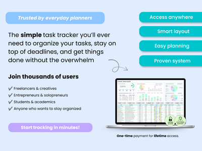 Task tracker software advertisement with laptop screen displaying task management interface, text about features, and call to action.